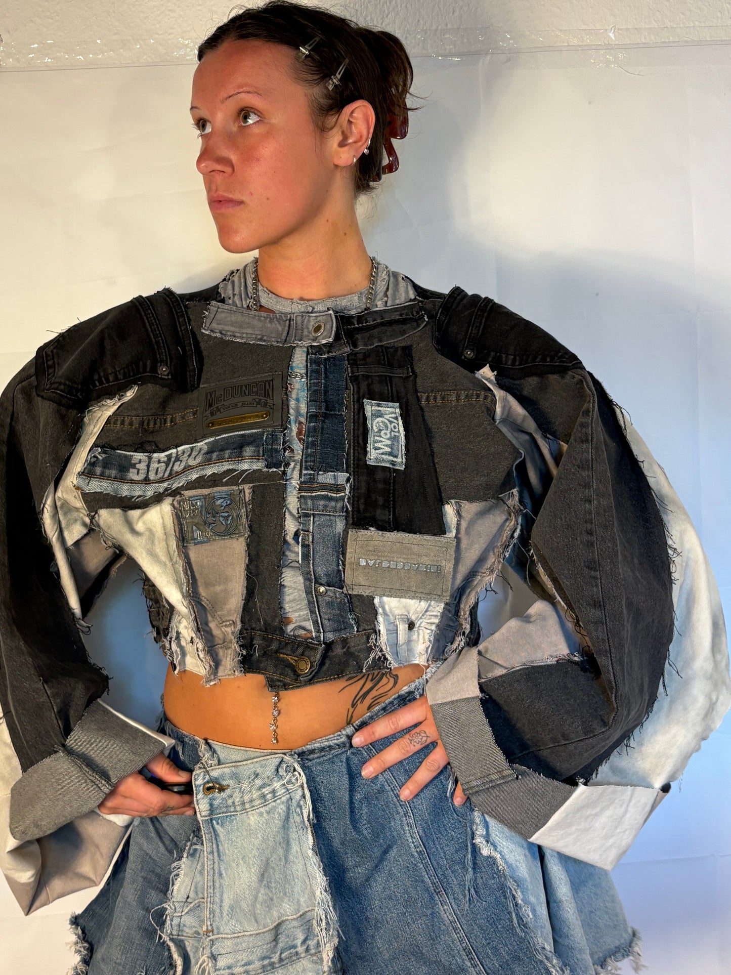 OVERSIZE CROPPED GREY/BLACK BIKER DENIM JACKET