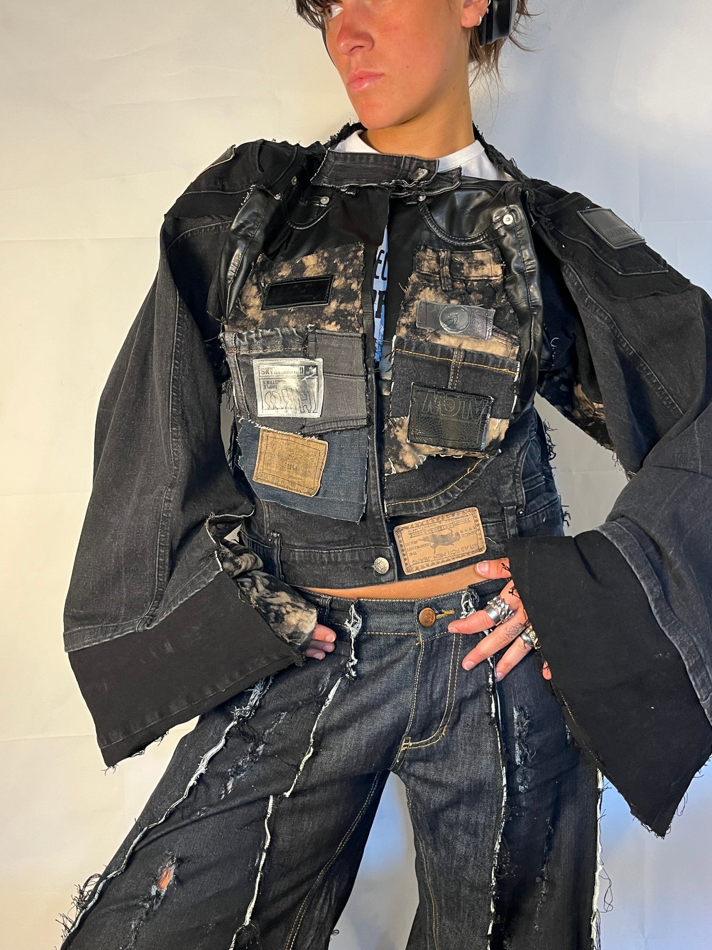 BLACK DENIM BIKER SPG PANTS