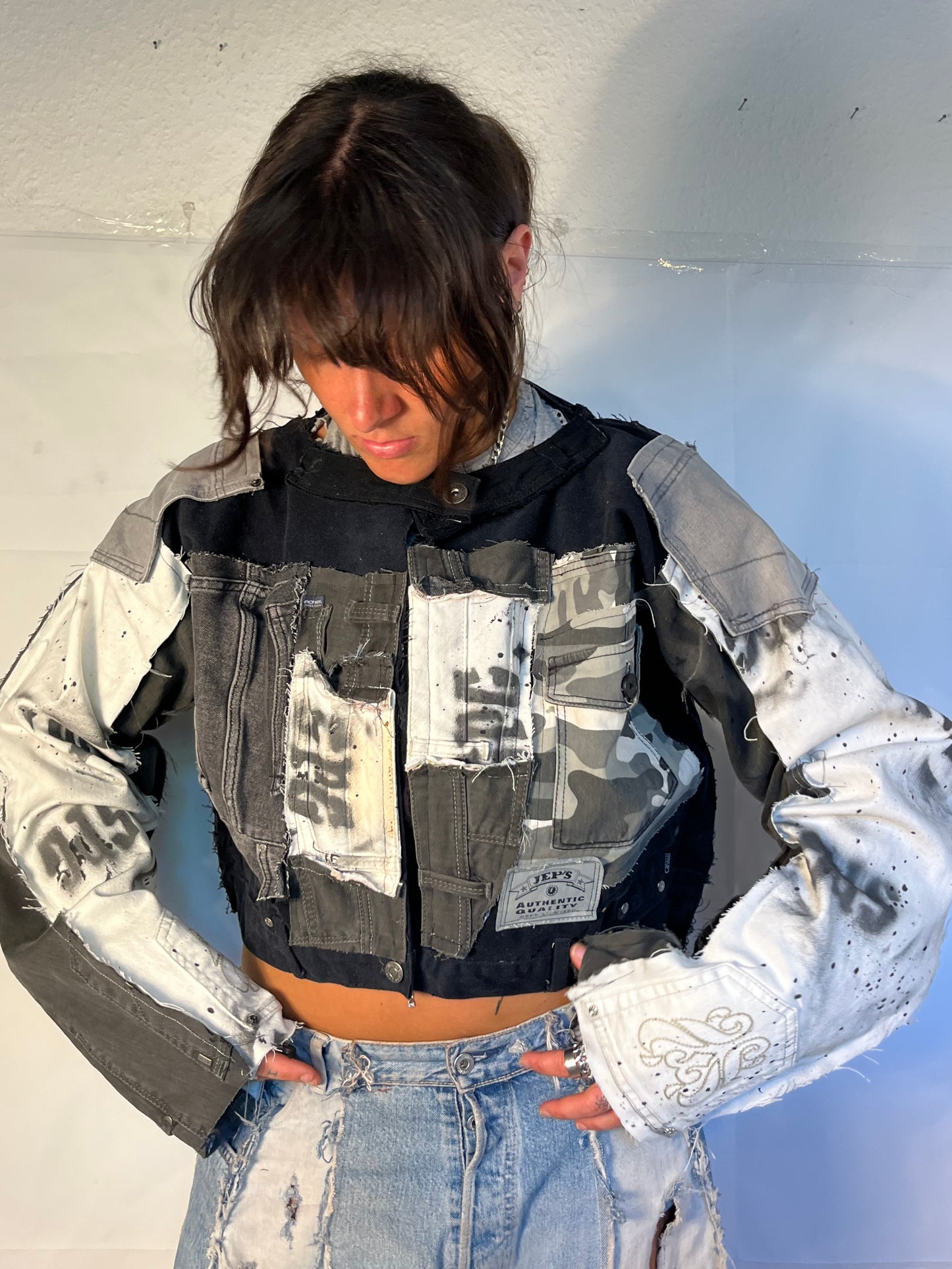 BIKER DENIM BLACK/WHITE SPG JACKET
