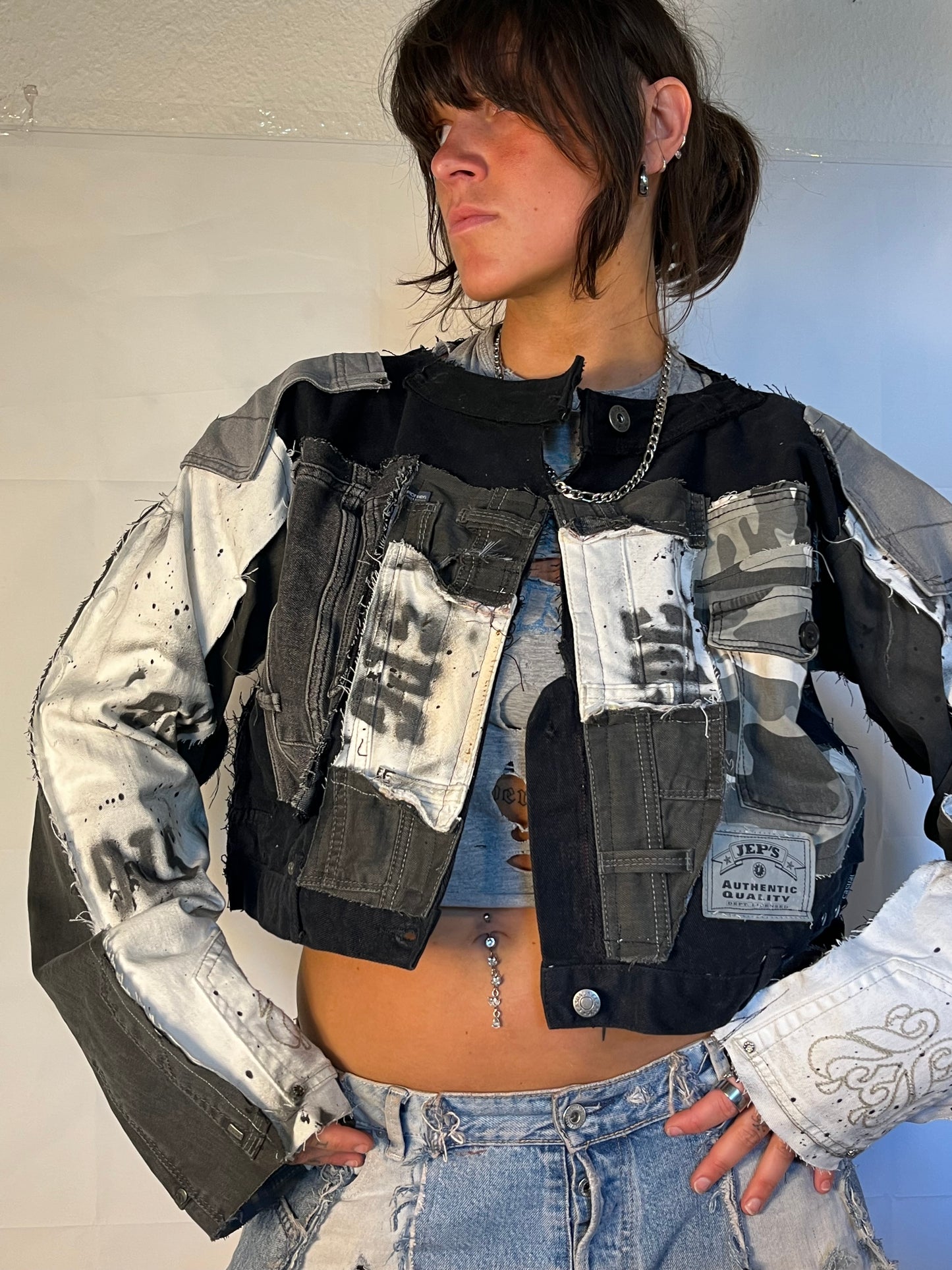 BIKER DENIM BLACK/WHITE SPG JACKET