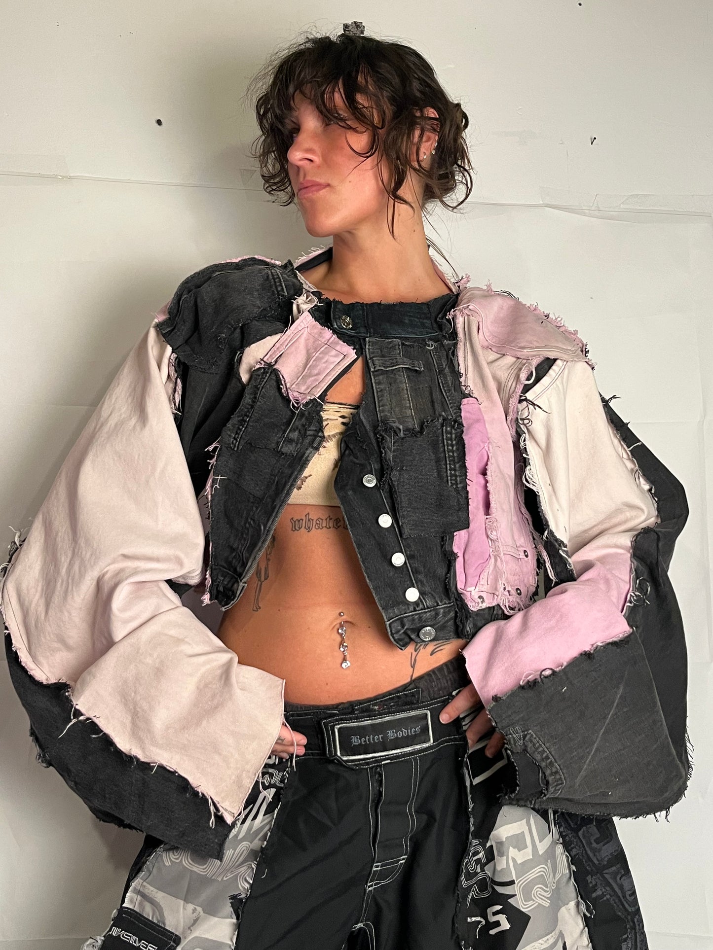 BLACK/PINK DENIM DISTRESSED BIKER SPG JACKET