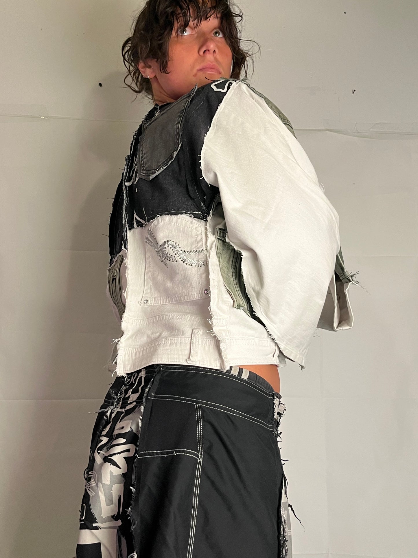 DENIM BIKER SPG JACKET EXTRA DETAILED WHITE/GREEN/BLACK