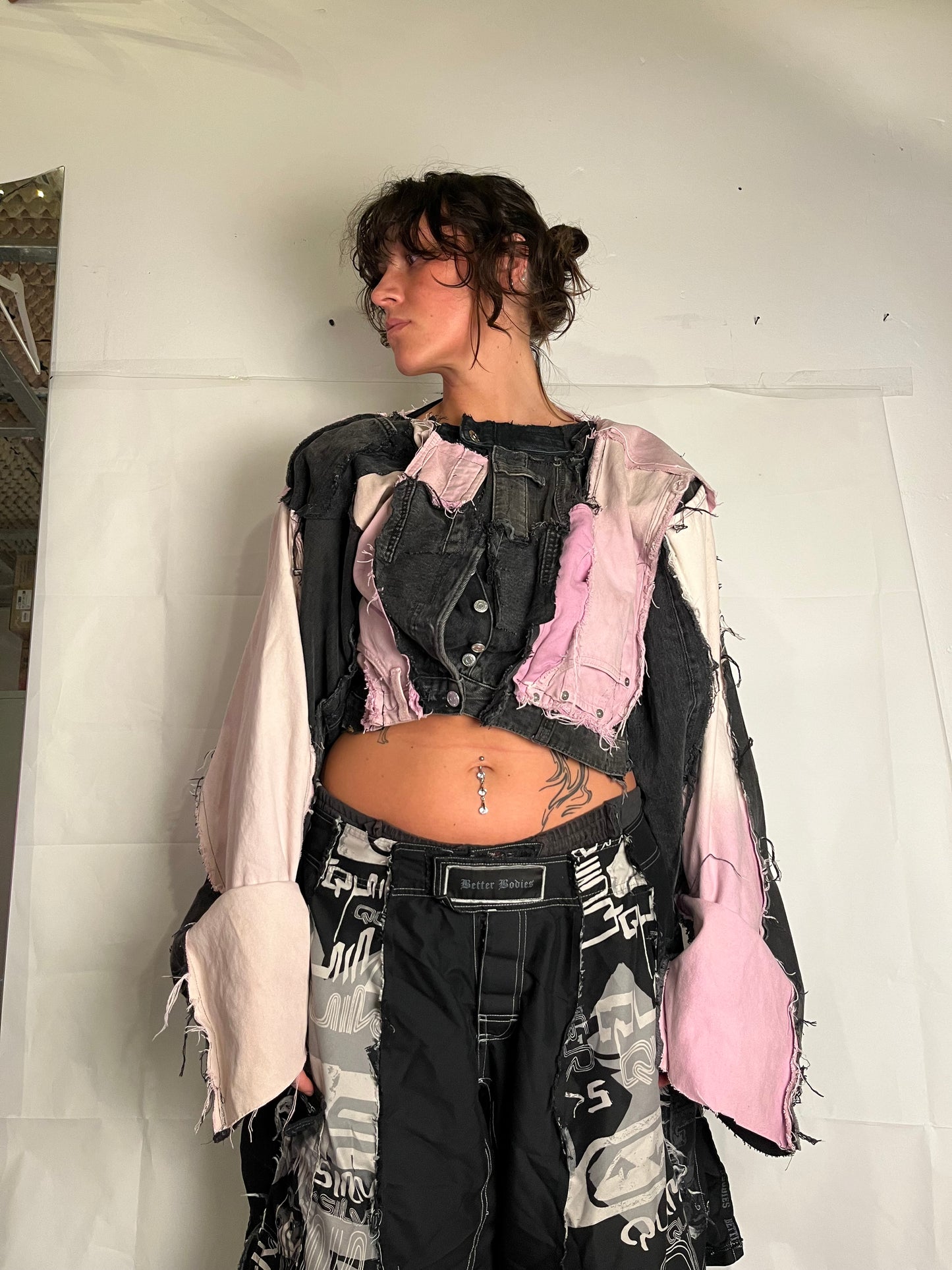 BLACK/PINK DENIM DISTRESSED BIKER SPG JACKET