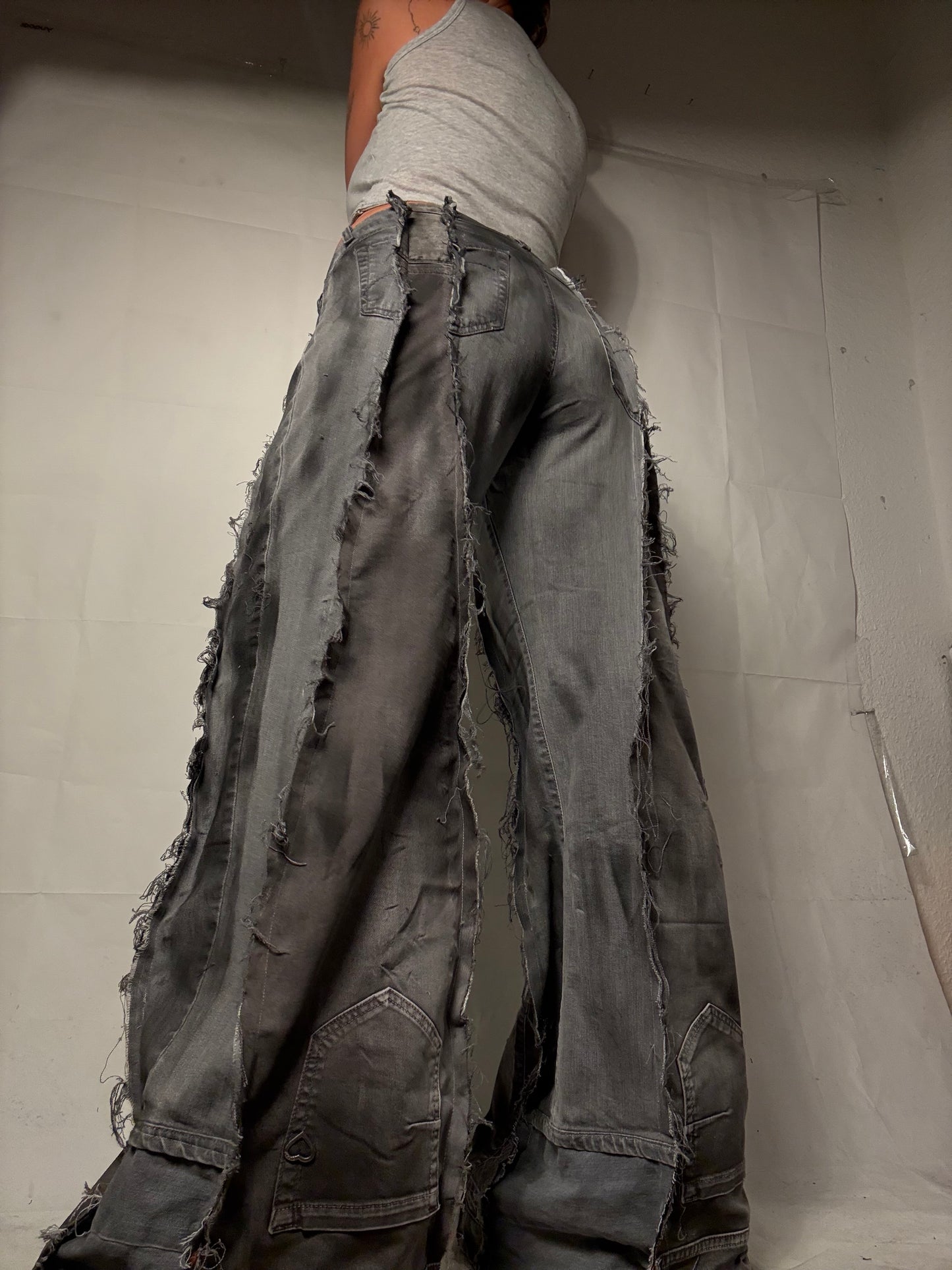 EXTRA LONG DISTRESSED PATCHED GREY SPG PANTS