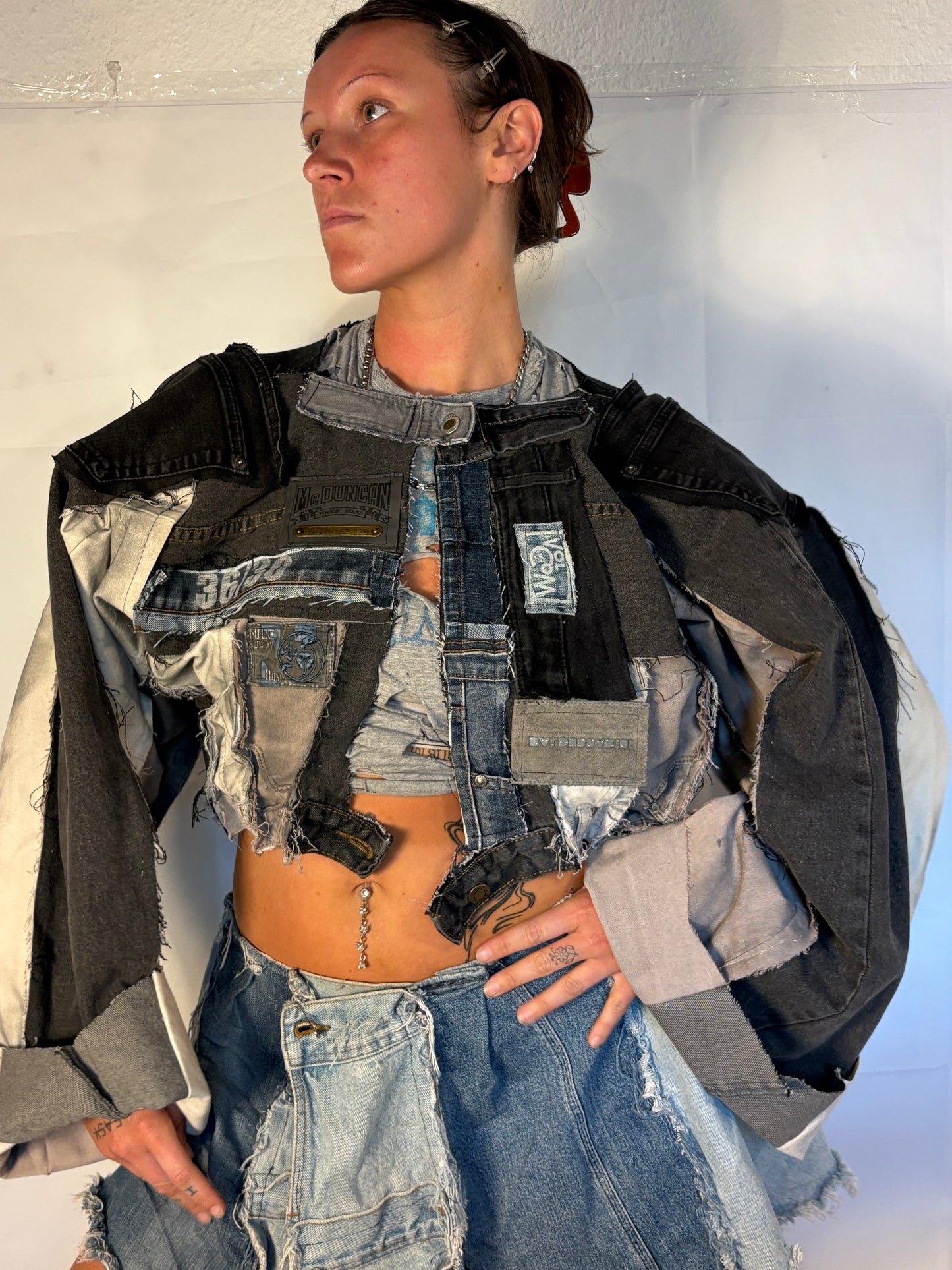 OVERSIZE CROPPED GREY/BLACK BIKER DENIM JACKET