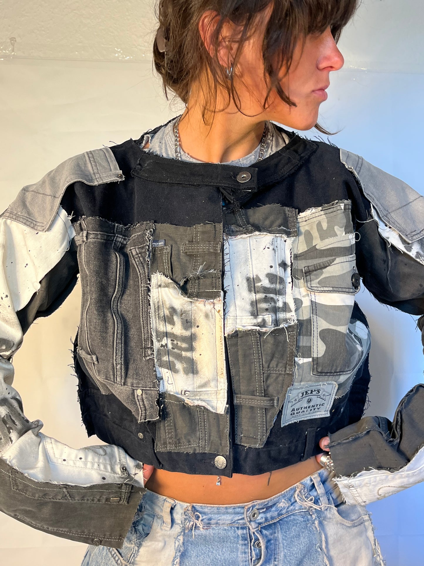 BIKER DENIM BLACK/WHITE SPG JACKET