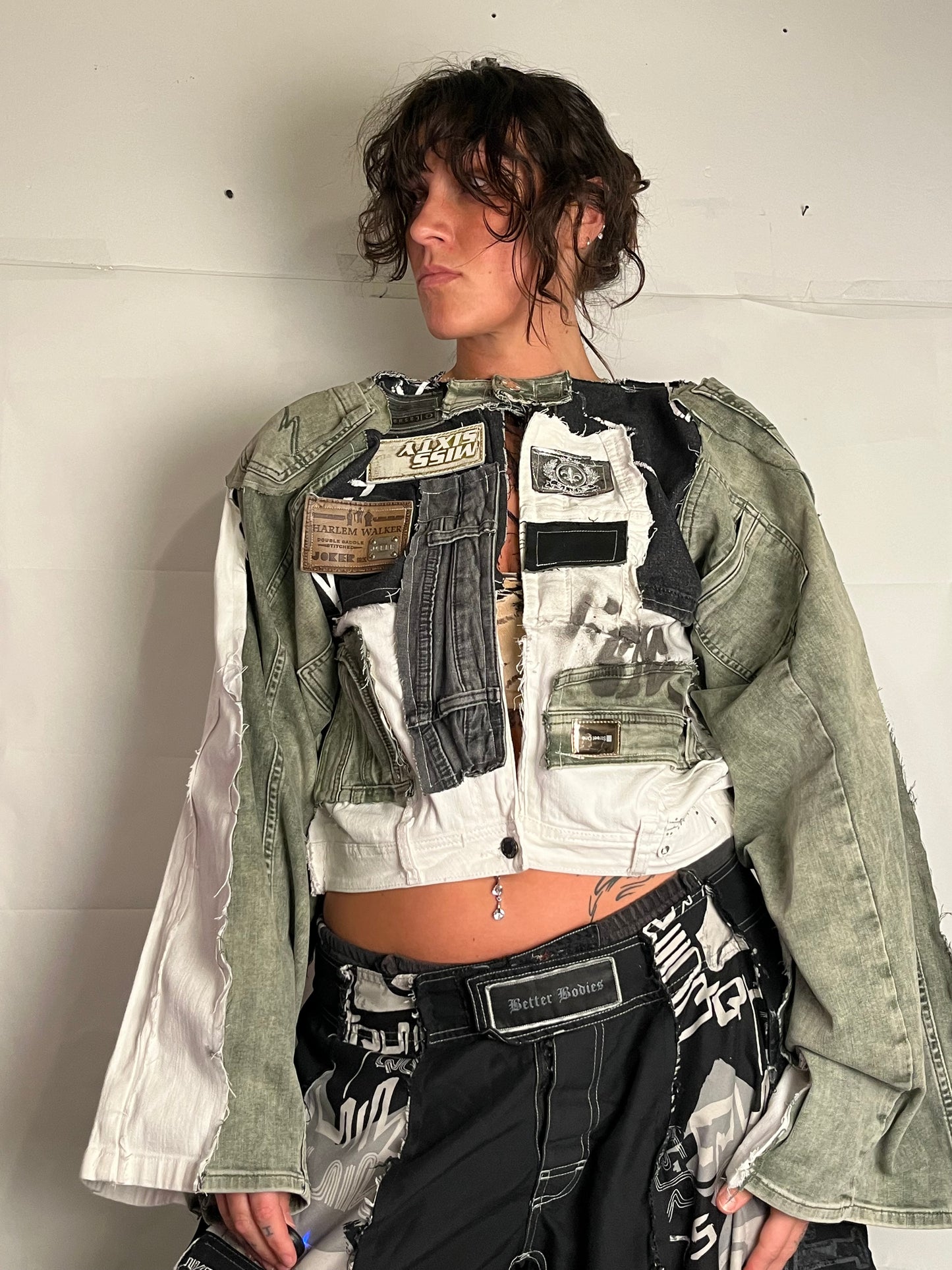 DENIM BIKER SPG JACKET EXTRA DETAILED WHITE/GREEN/BLACK