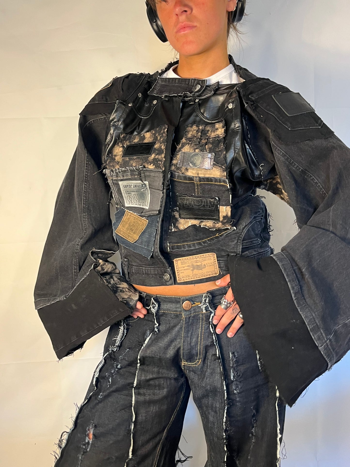 BLACK DENIM BIKER SPG PANTS