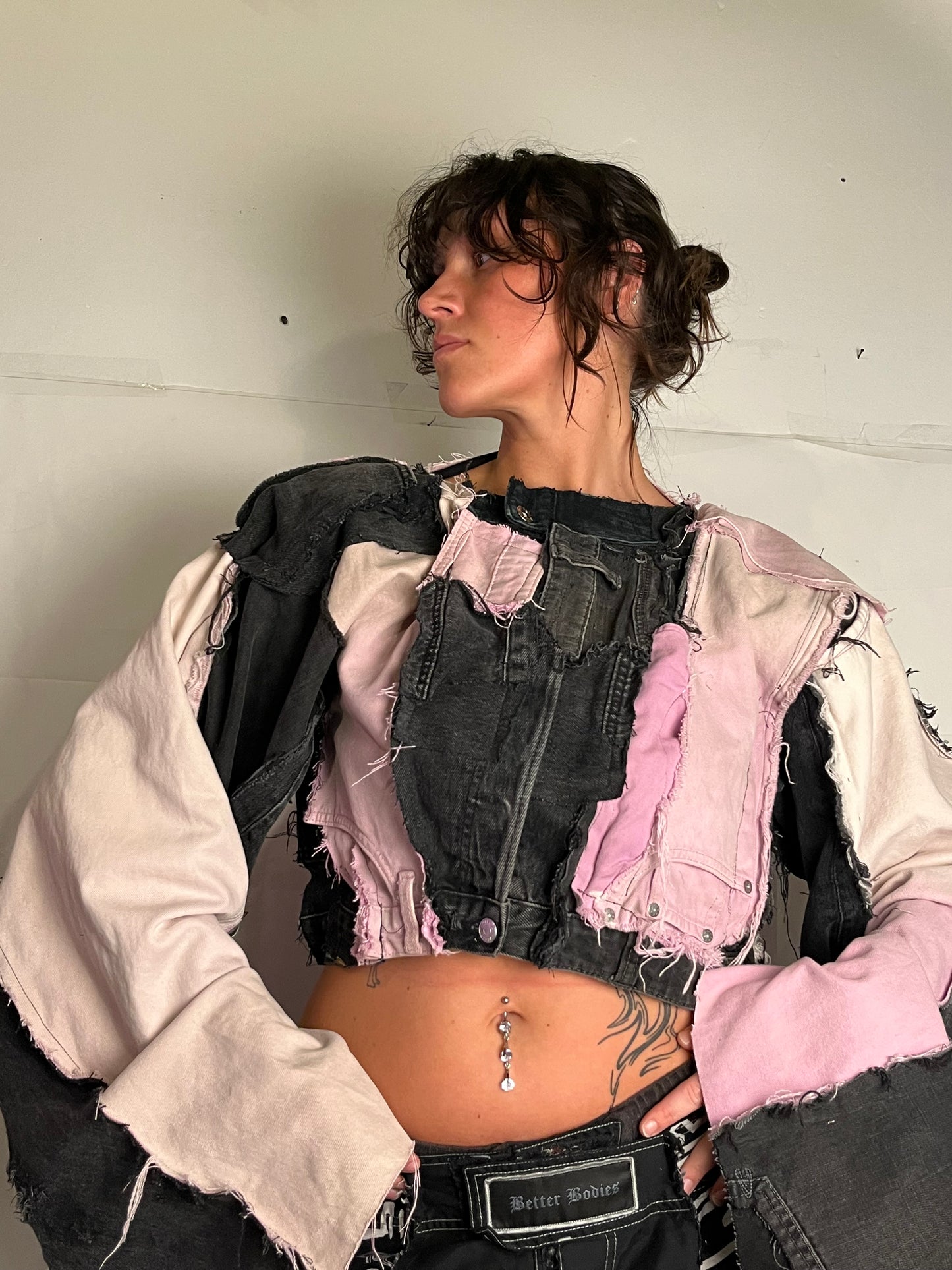 BLACK/PINK DENIM DISTRESSED BIKER SPG JACKET