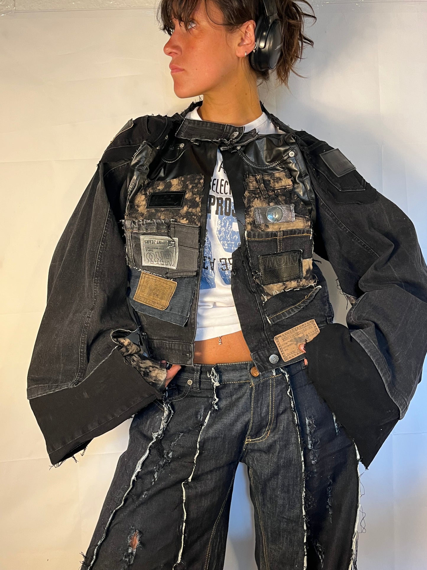 BLACK DENIM BIKER SPG PANTS
