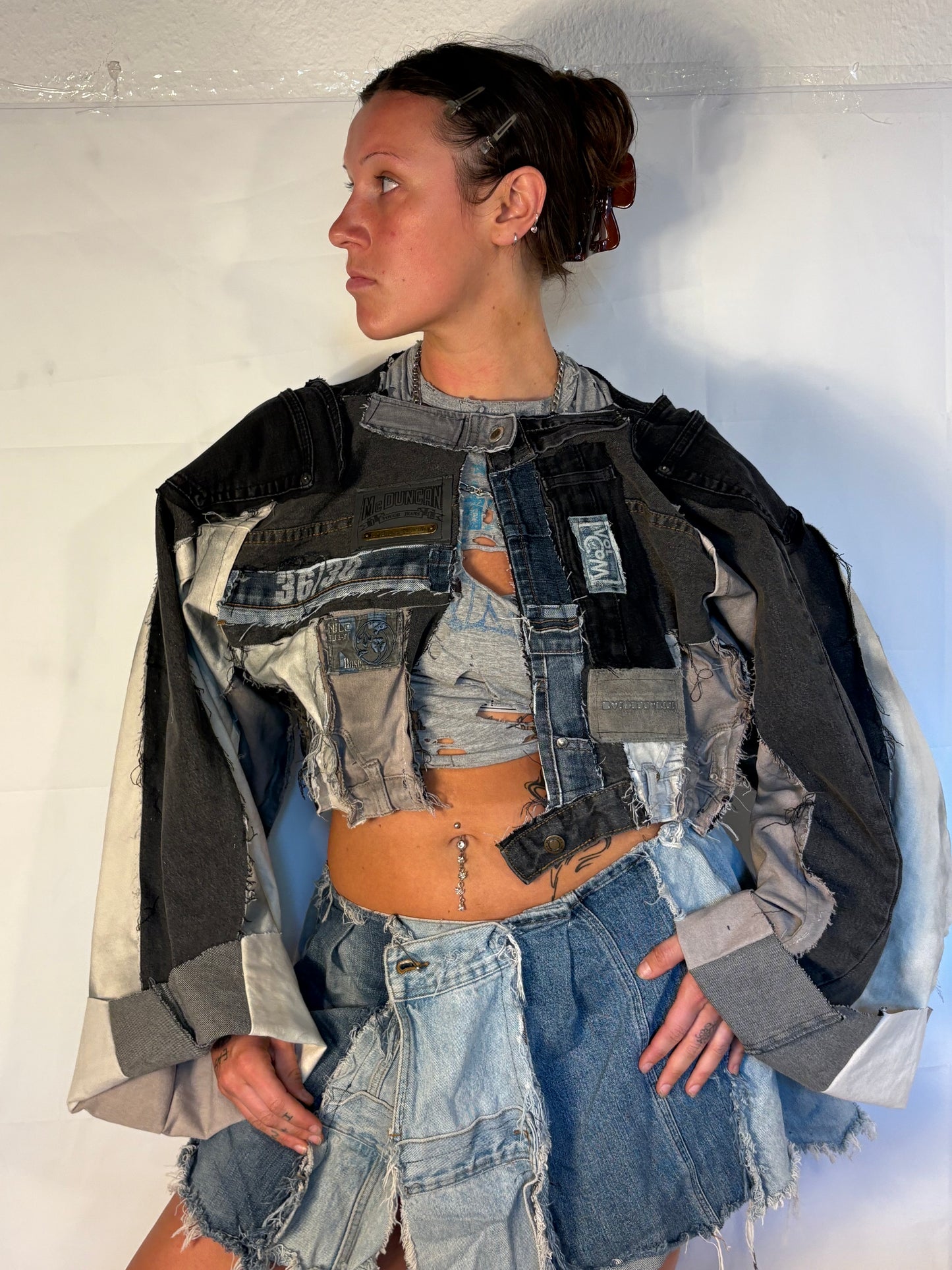 OVERSIZE CROPPED GREY/BLACK BIKER DENIM JACKET