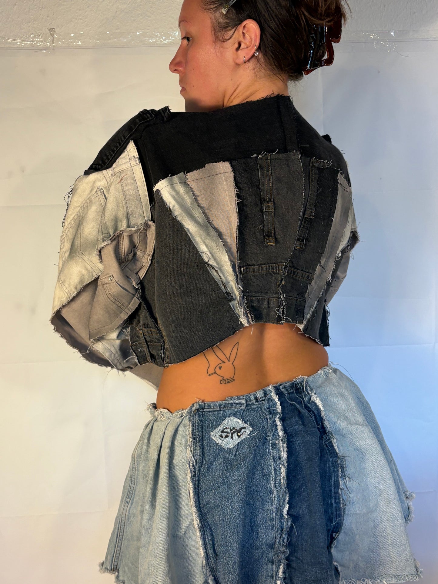 OVERSIZE CROPPED GREY/BLACK BIKER DENIM JACKET