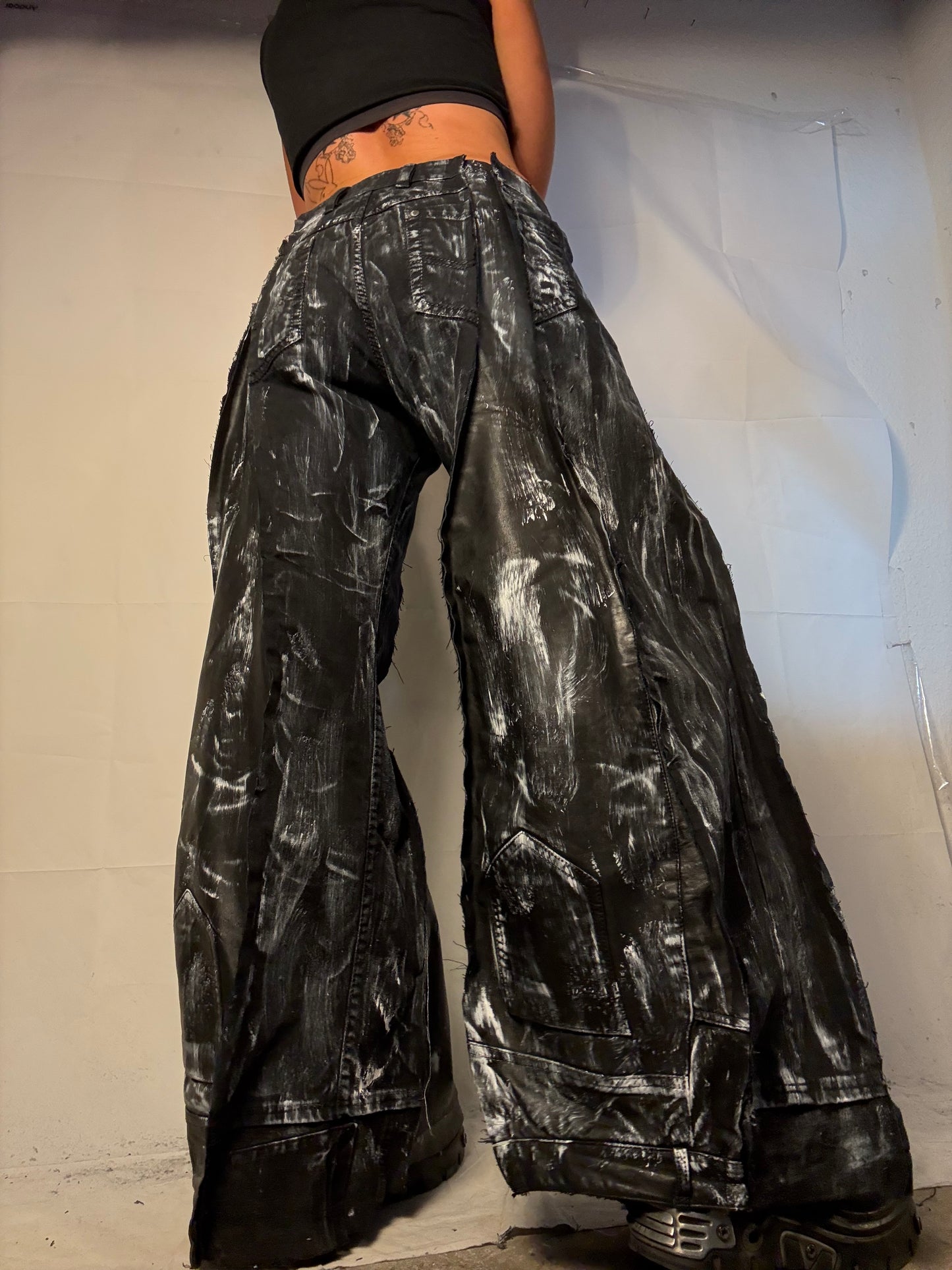 BAGGY STAINED BLACK DENIM/LEATHER SPG PANTS