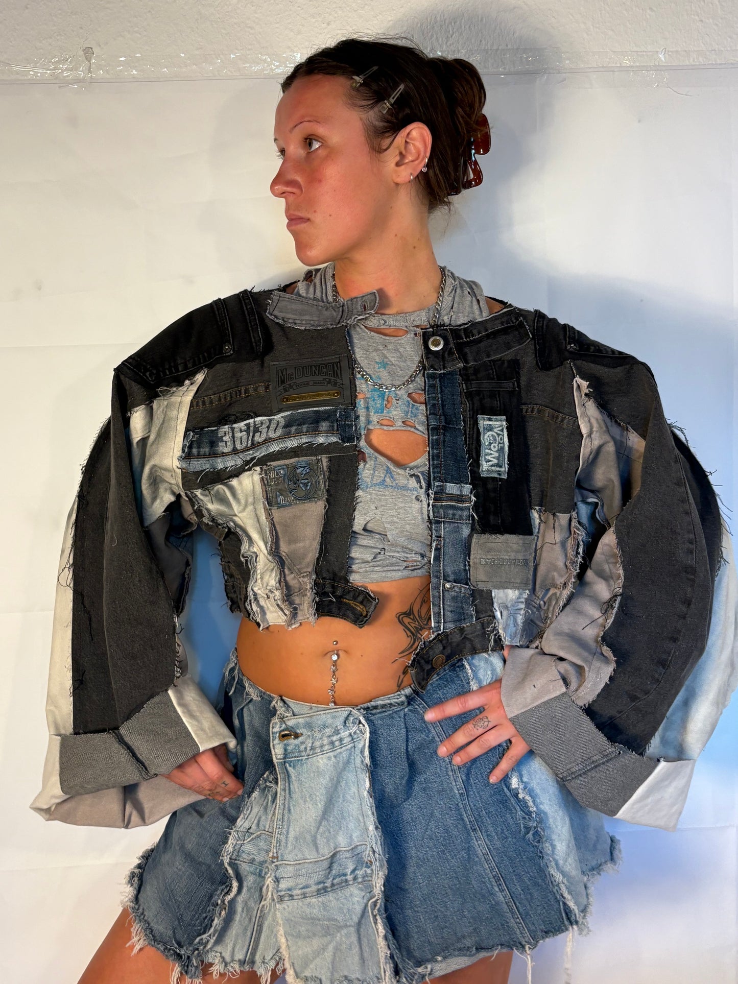 OVERSIZE CROPPED GREY/BLACK BIKER DENIM JACKET