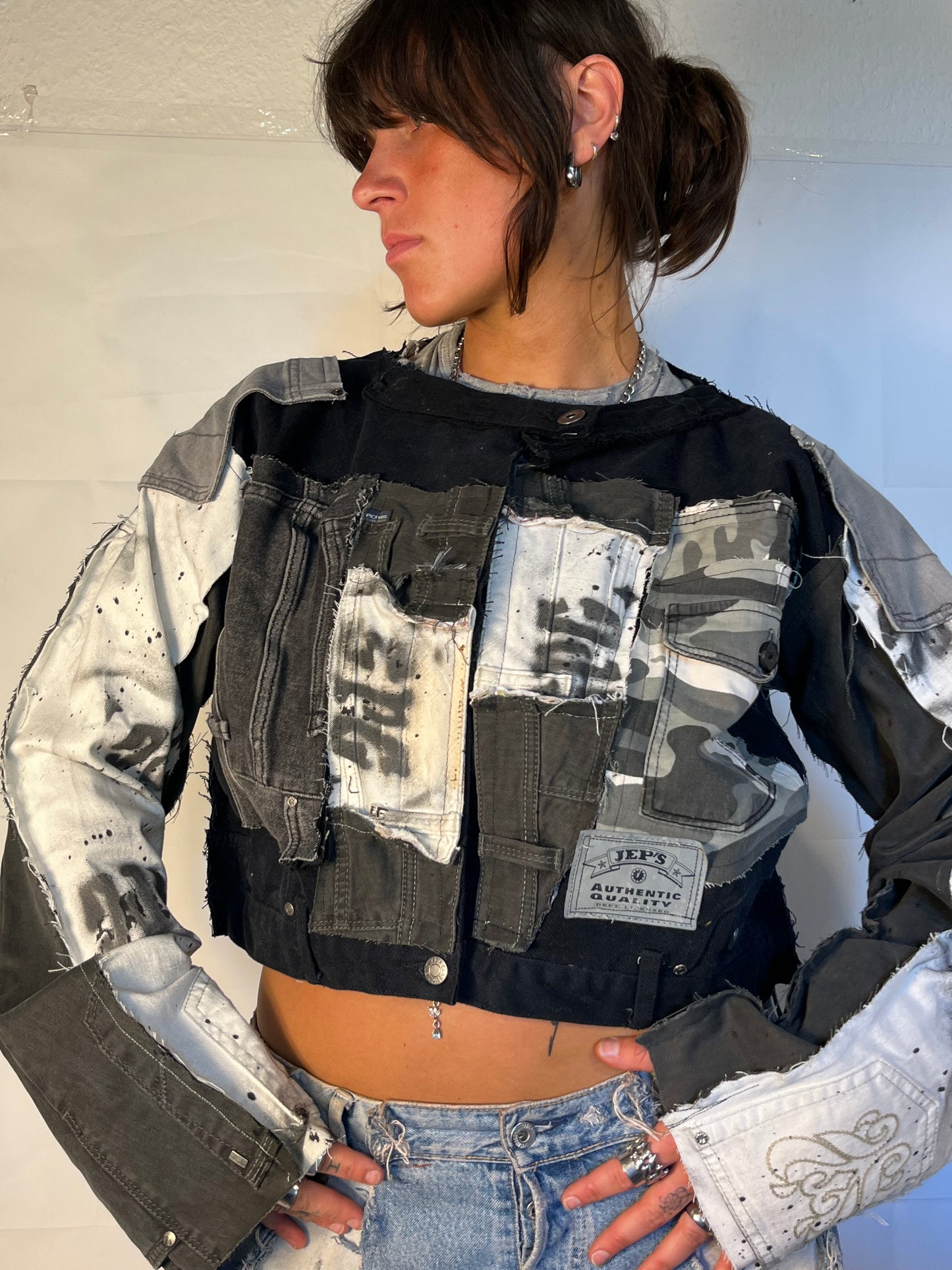 BIKER DENIM BLACK/WHITE SPG JACKET