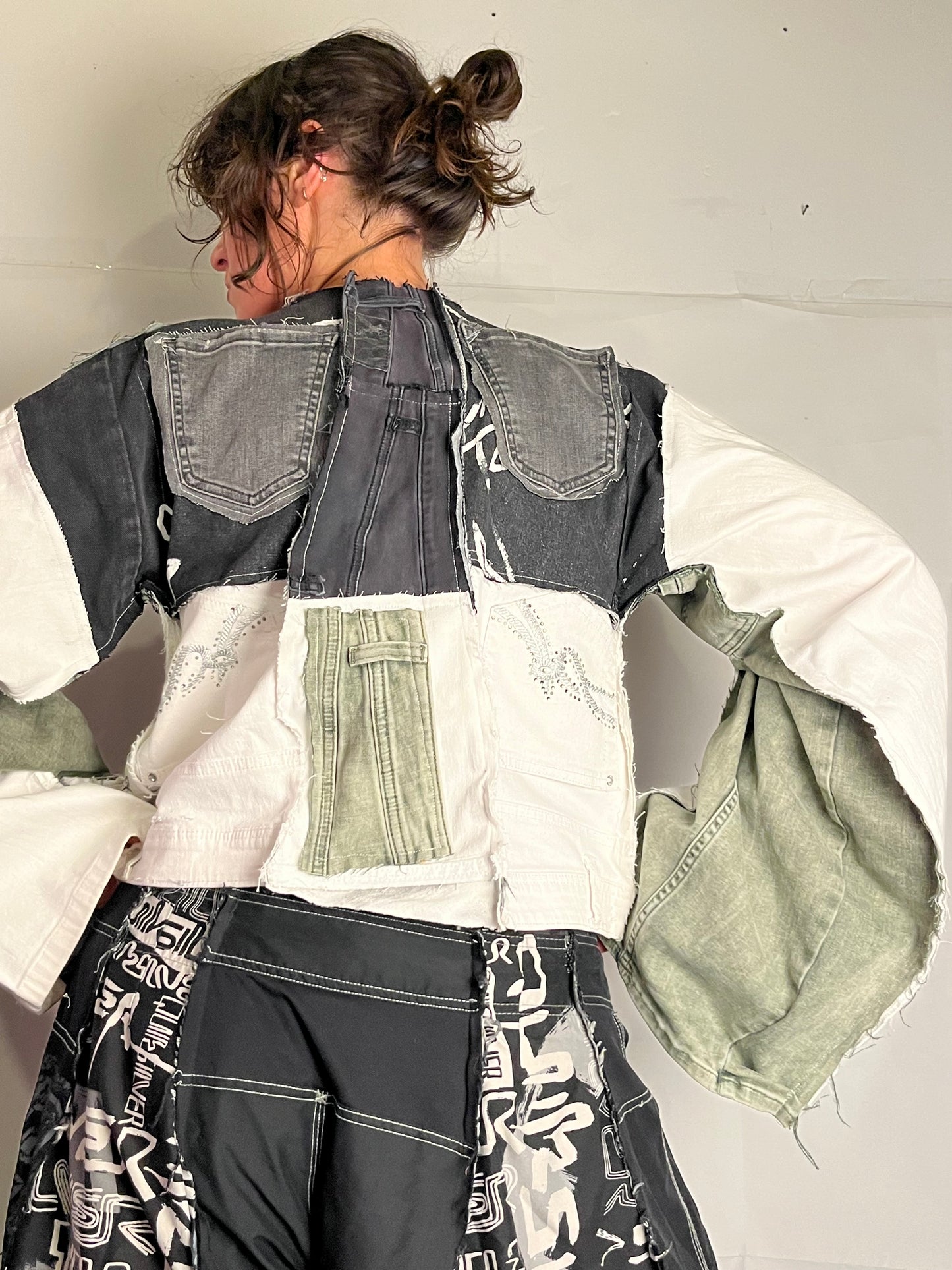 DENIM BIKER SPG JACKET EXTRA DETAILED WHITE/GREEN/BLACK