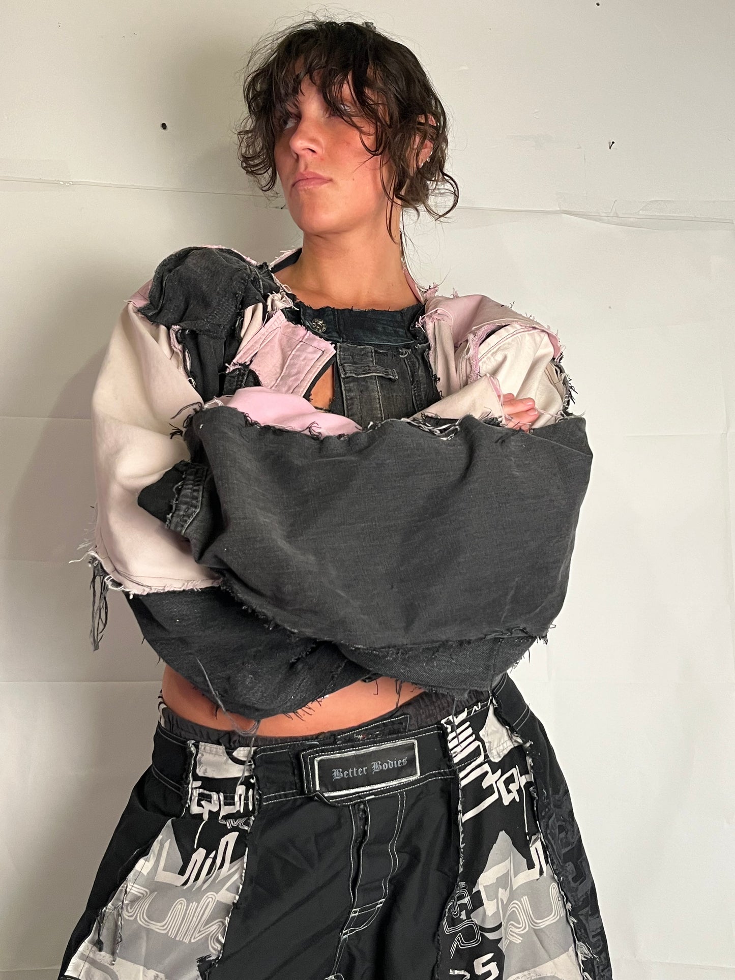 BLACK/PINK DENIM DISTRESSED BIKER SPG JACKET