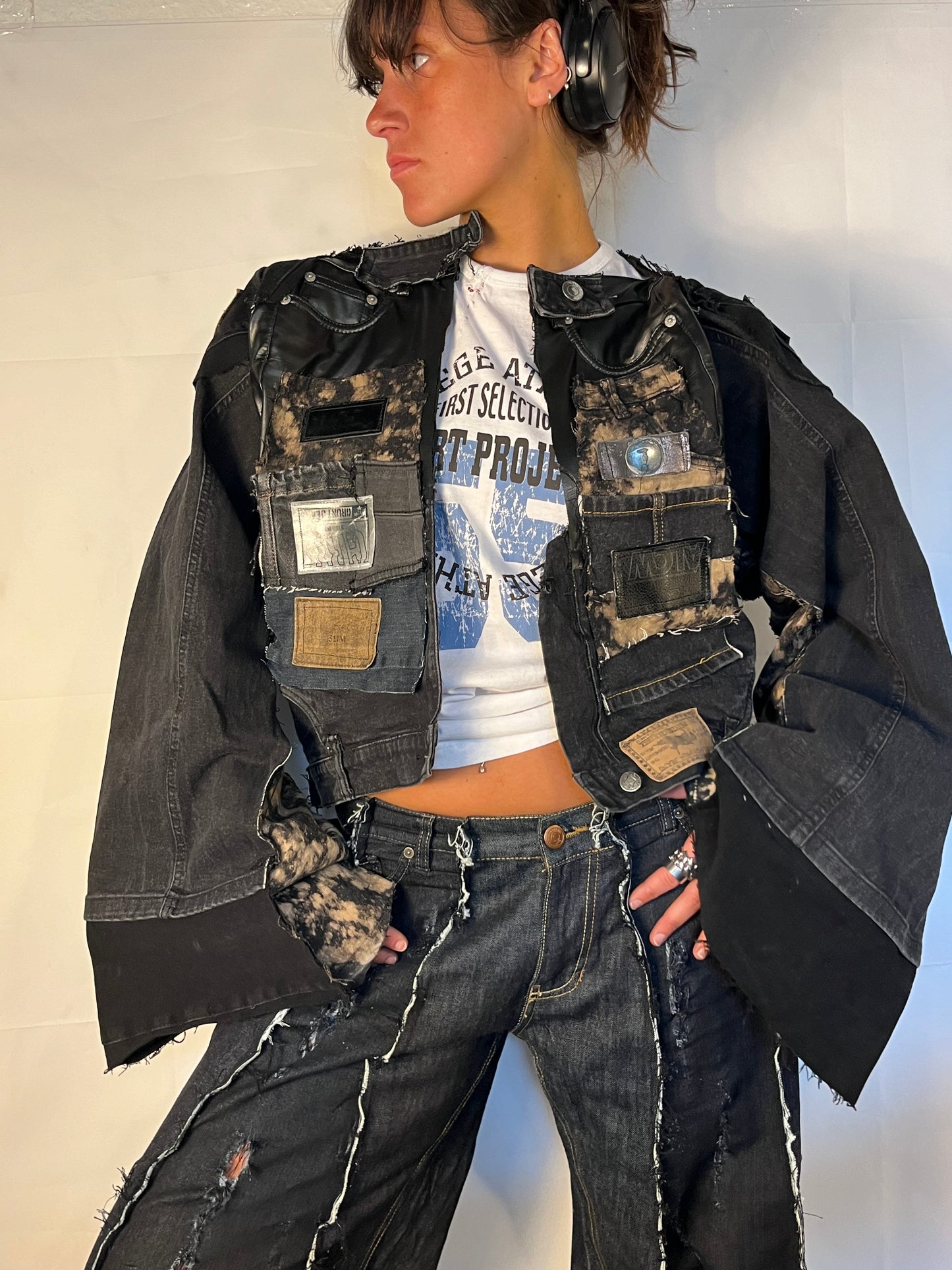 BLACK DENIM BIKER SPG PANTS