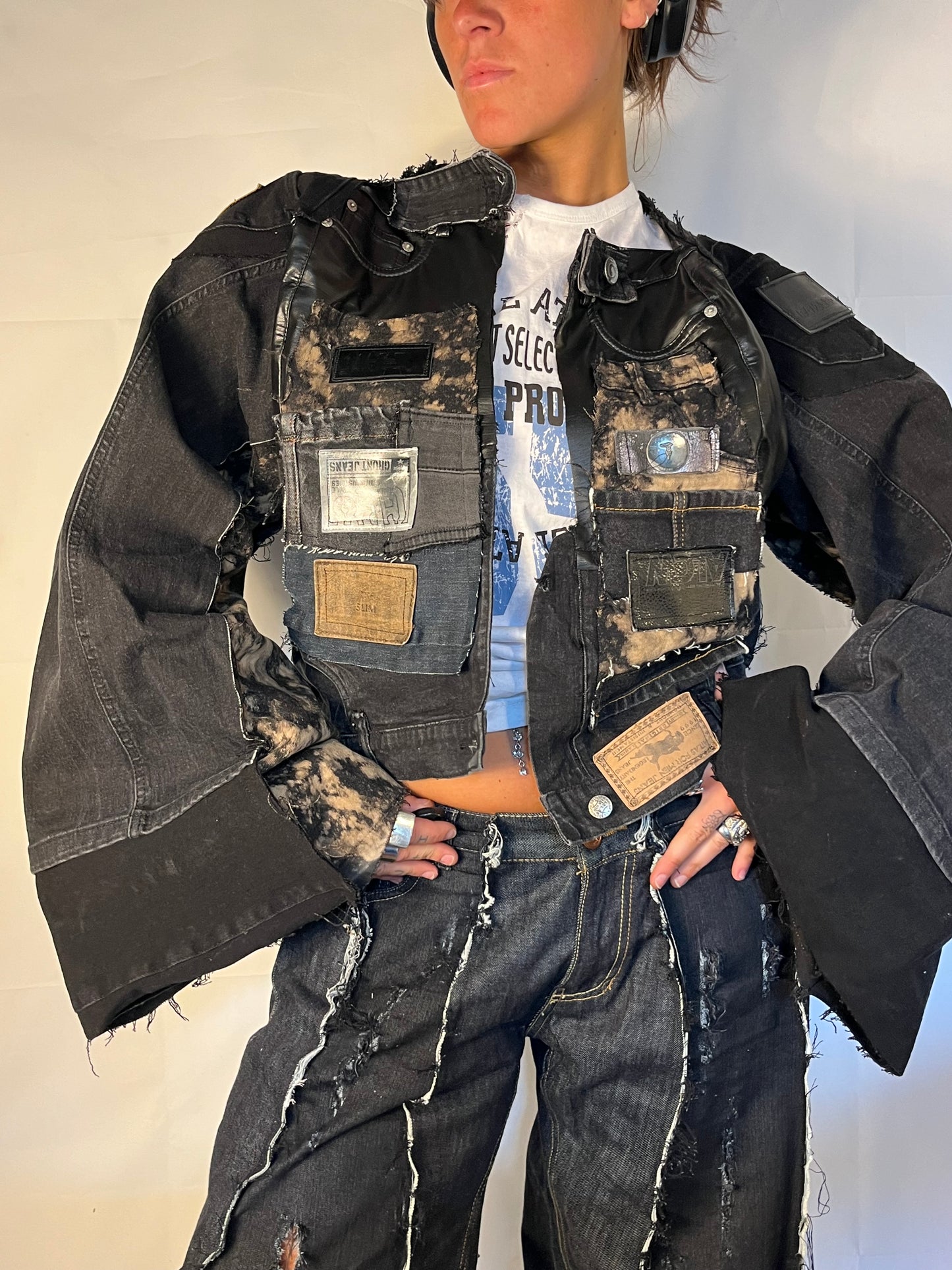 BLACK DENIM BIKER SPG PANTS