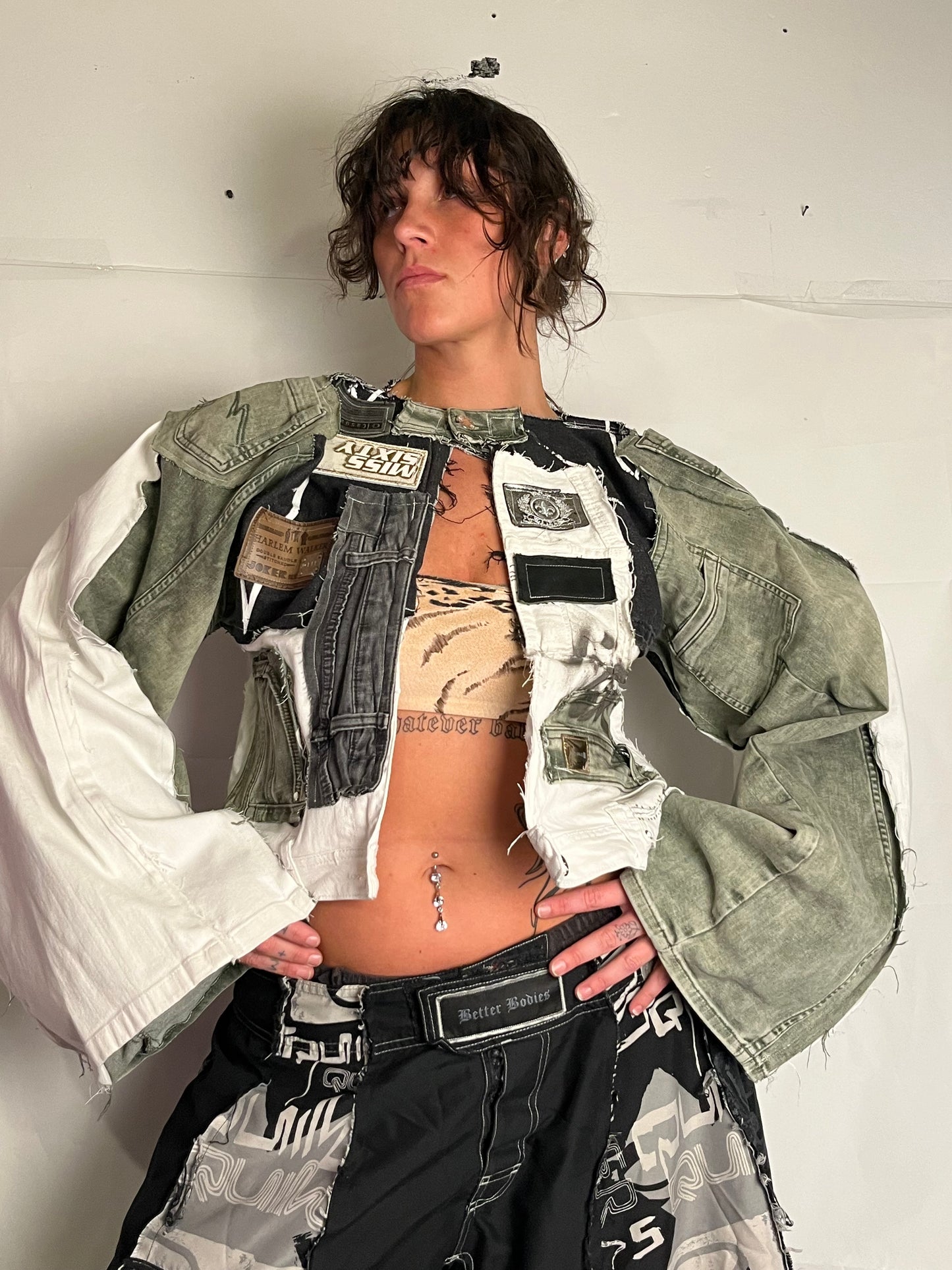 DENIM BIKER SPG JACKET EXTRA DETAILED WHITE/GREEN/BLACK