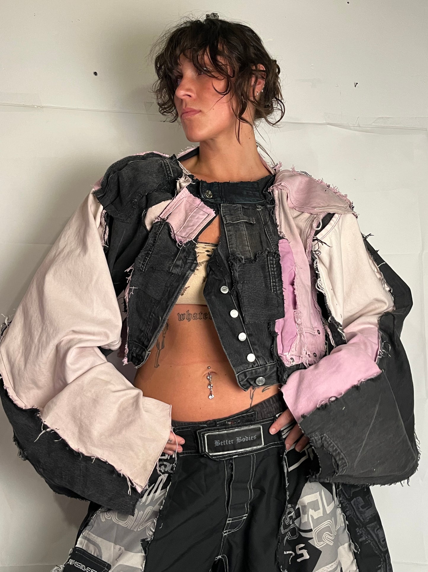 BLACK/PINK DENIM DISTRESSED BIKER SPG JACKET