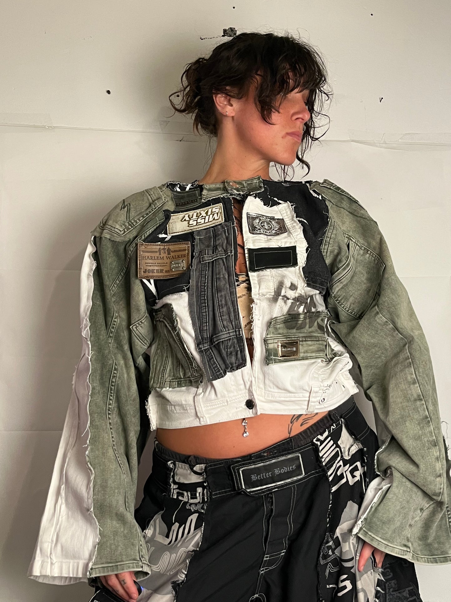DENIM BIKER SPG JACKET EXTRA DETAILED WHITE/GREEN/BLACK