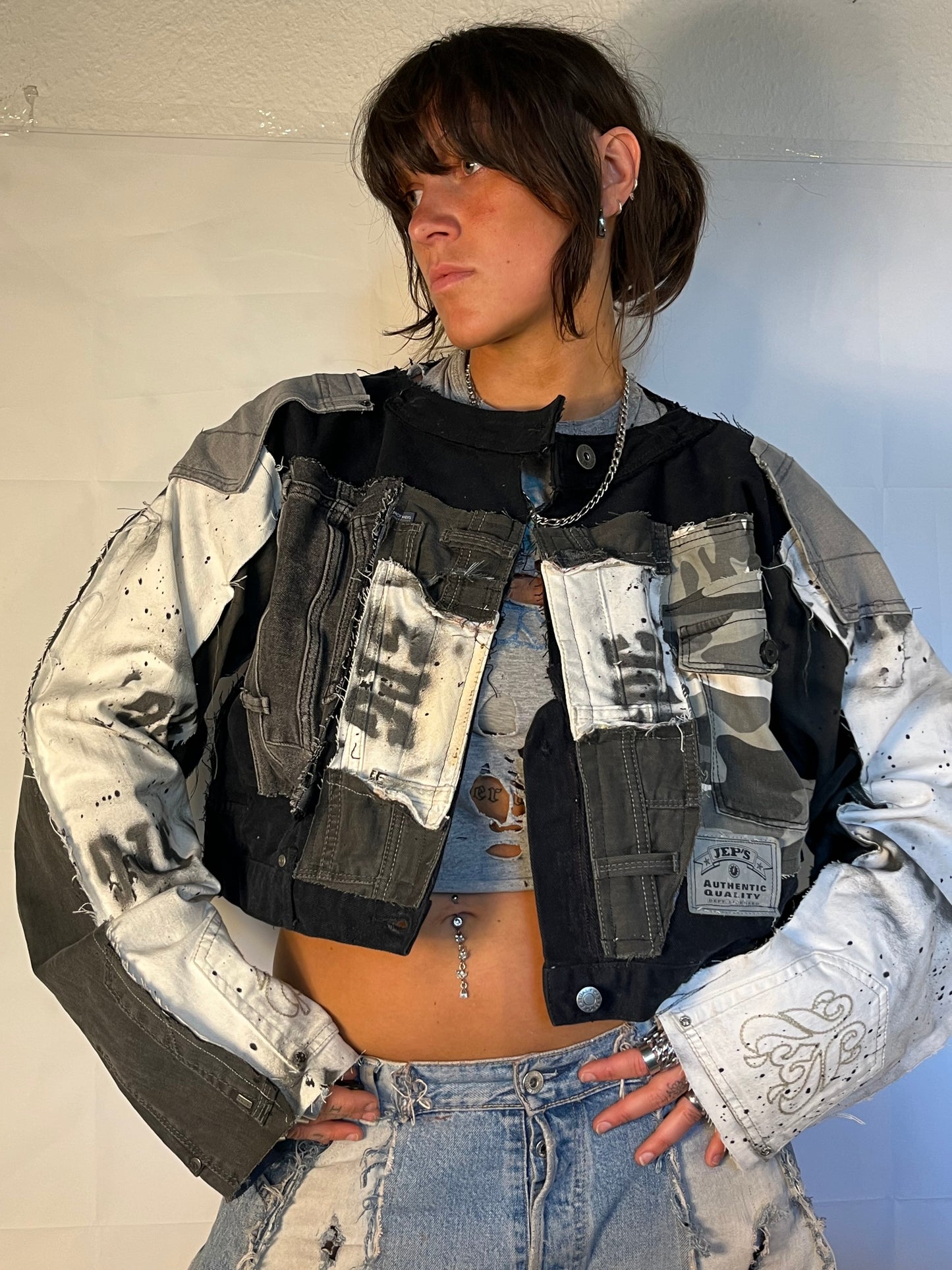 BIKER DENIM BLACK/WHITE SPG JACKET
