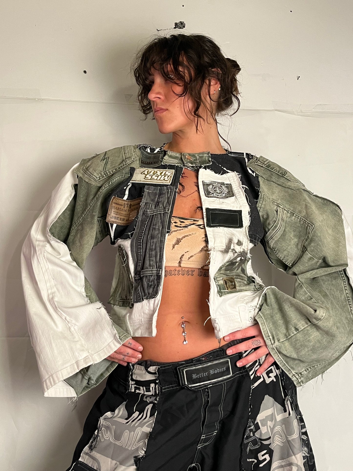 DENIM BIKER SPG JACKET EXTRA DETAILED WHITE/GREEN/BLACK