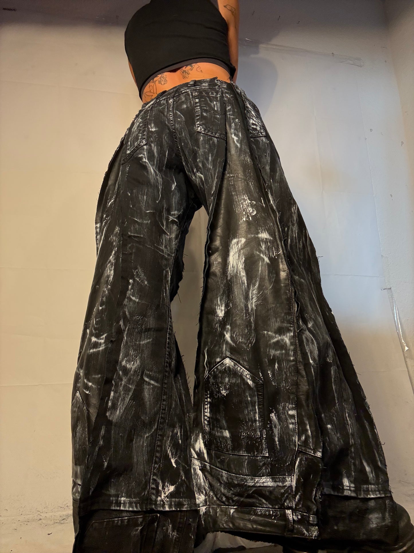 BAGGY STAINED BLACK DENIM/LEATHER SPG PANTS