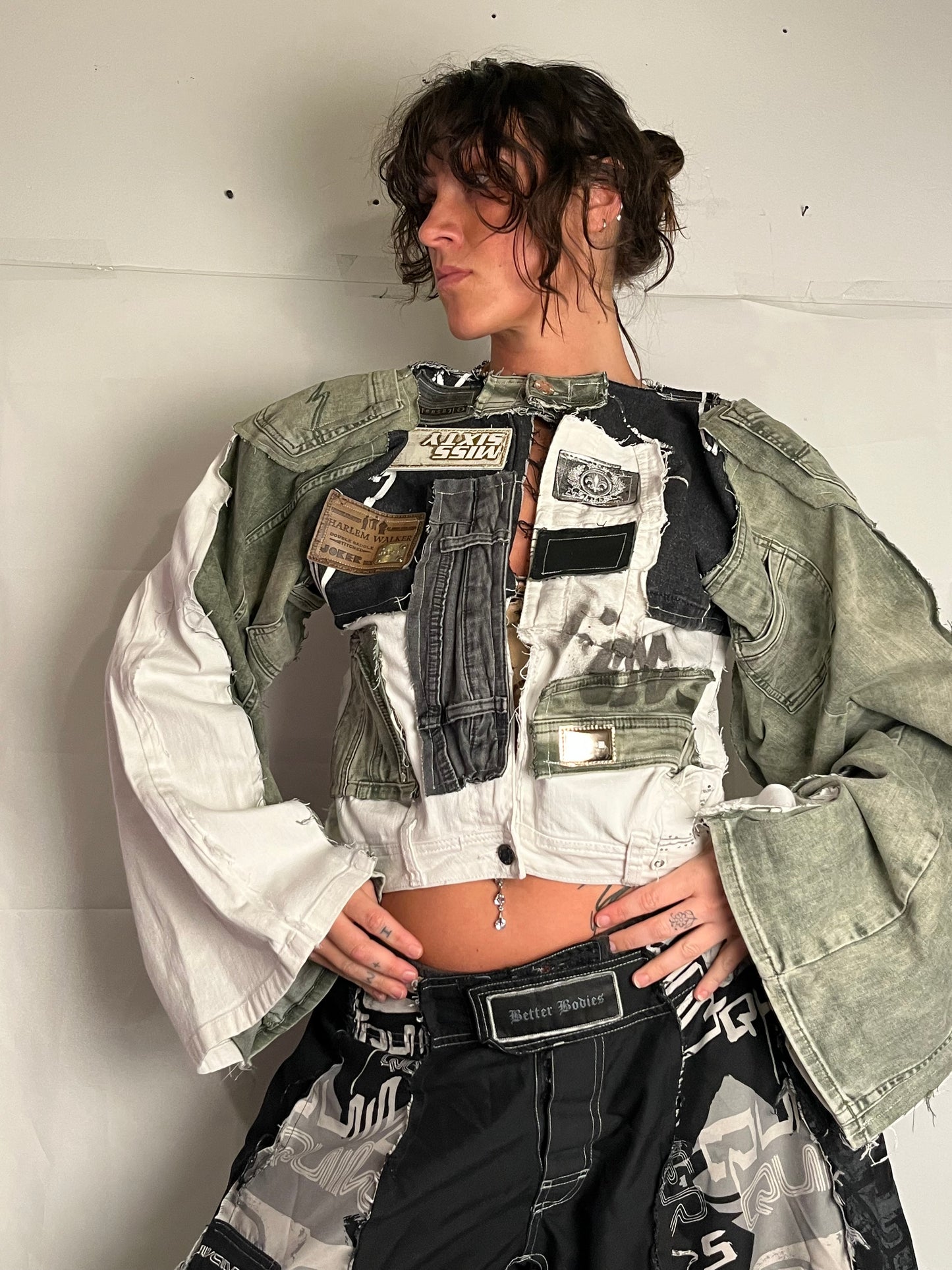 DENIM BIKER SPG JACKET EXTRA DETAILED WHITE/GREEN/BLACK
