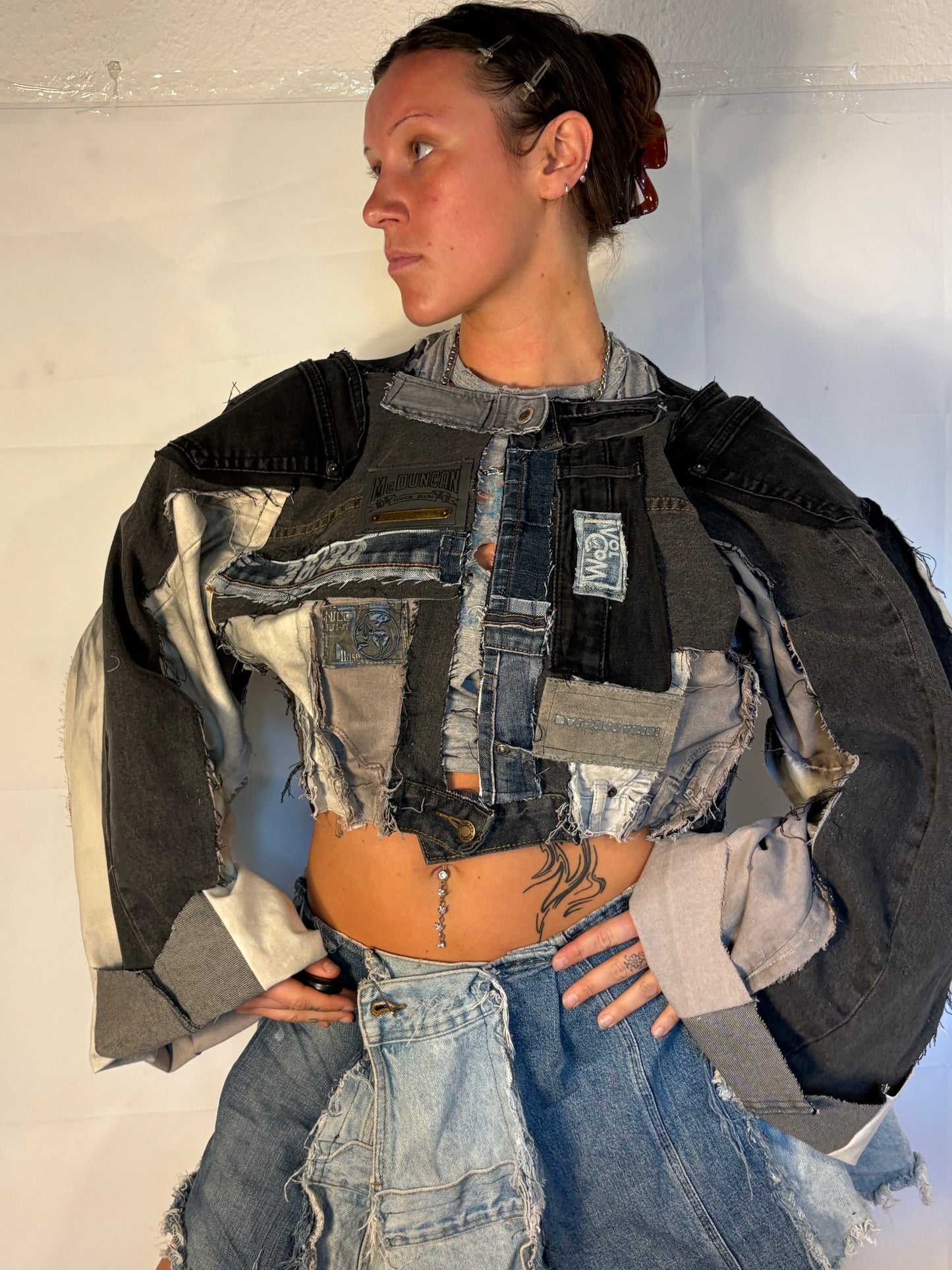 OVERSIZE CROPPED GREY/BLACK BIKER DENIM JACKET