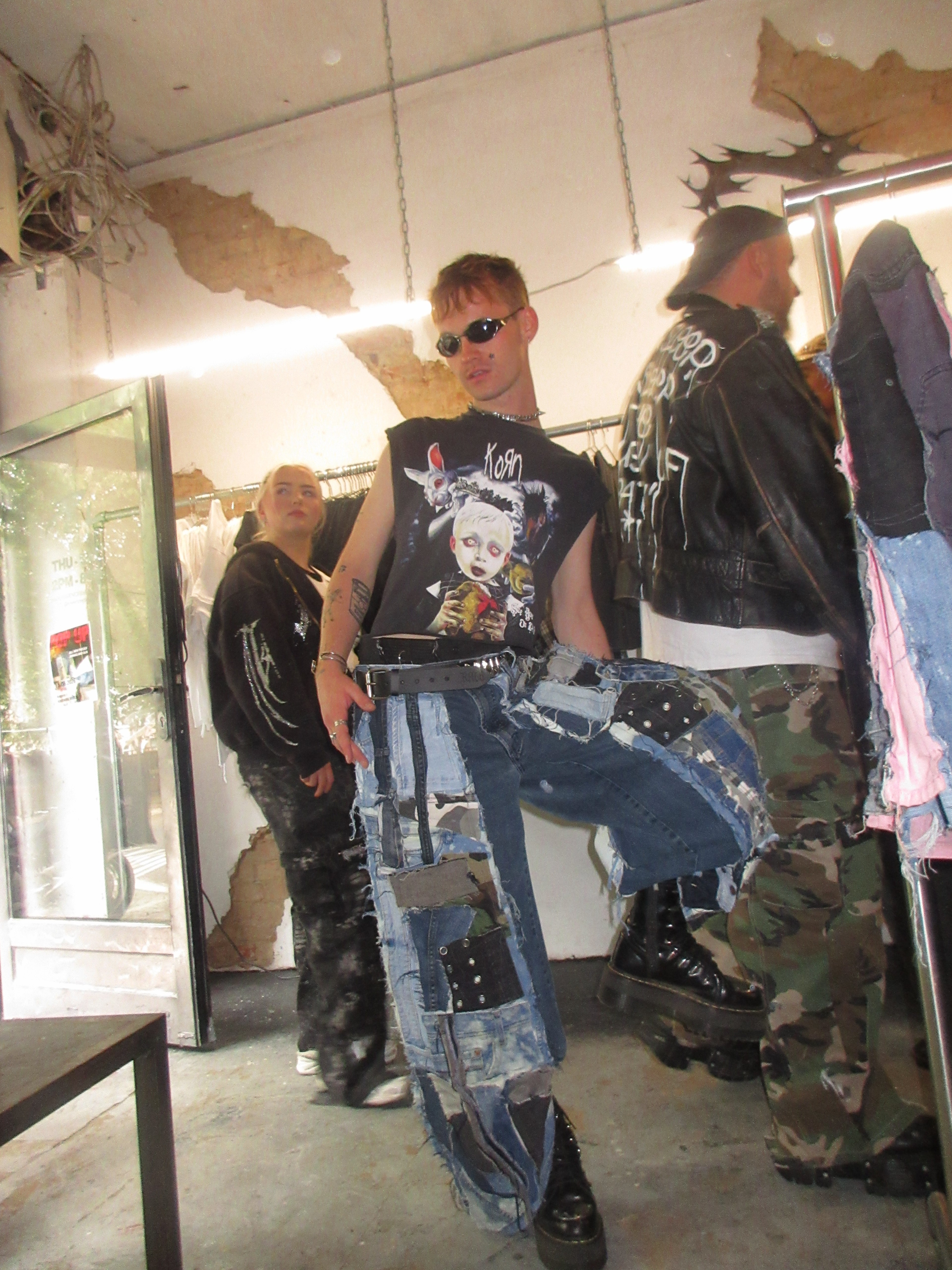SCRAP-PATCHED DARK DENIM SPG PANTS