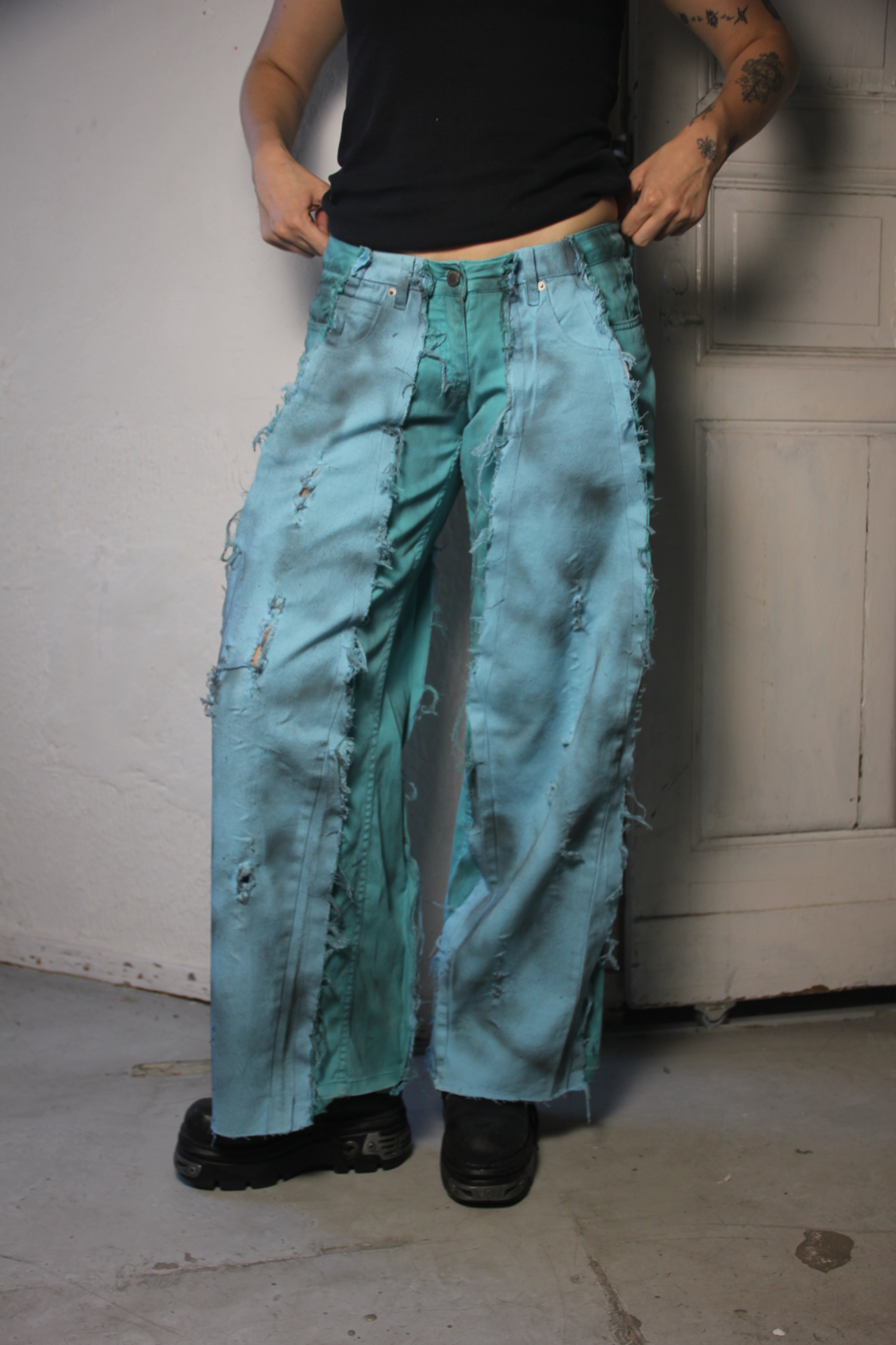 LIMITED EDITION STAINED TURQUOISE BLUE DENIM SPG PANTS