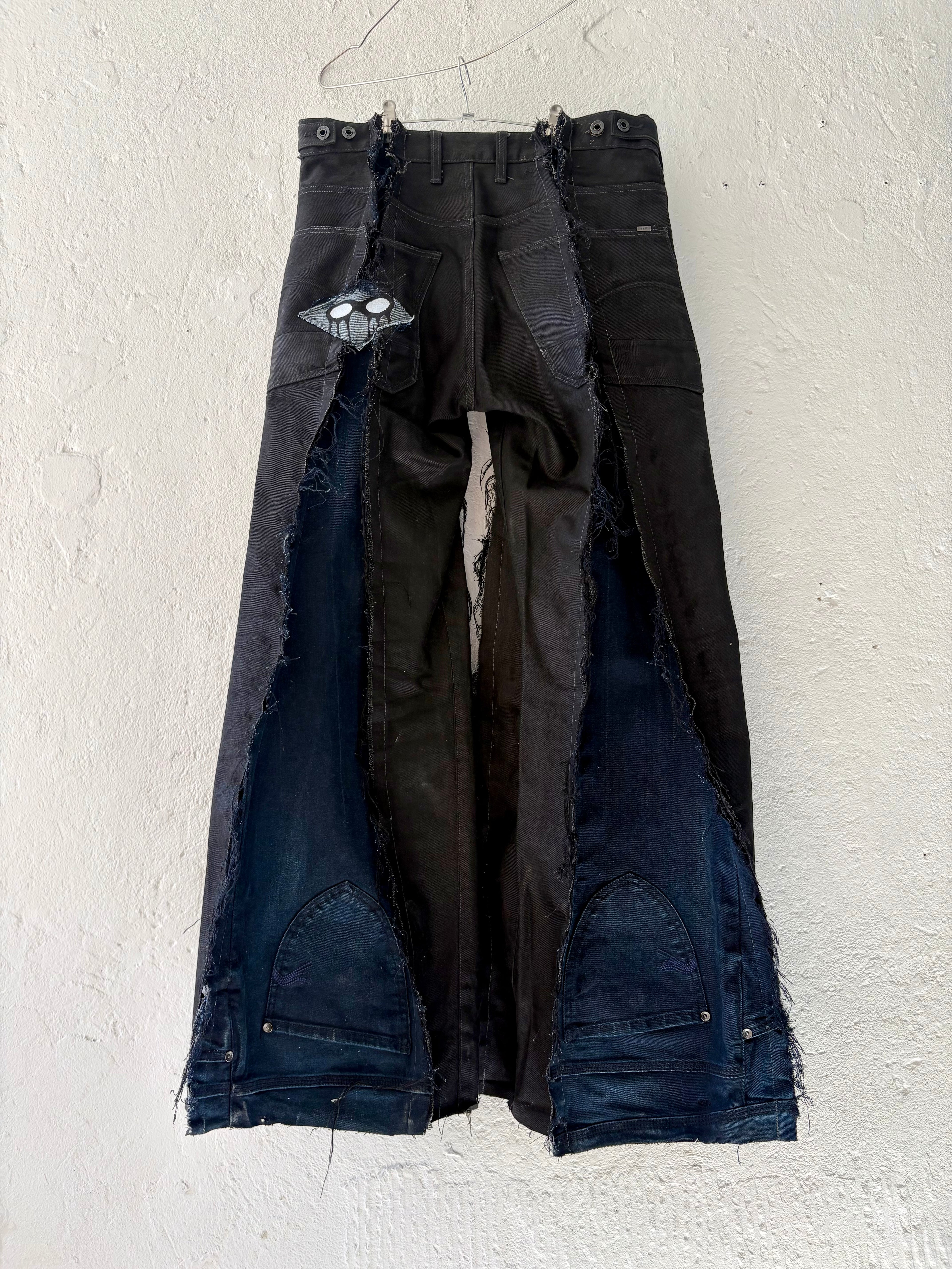 FLARED DARK DENIM PATCHED SCRAP SPG PANTS