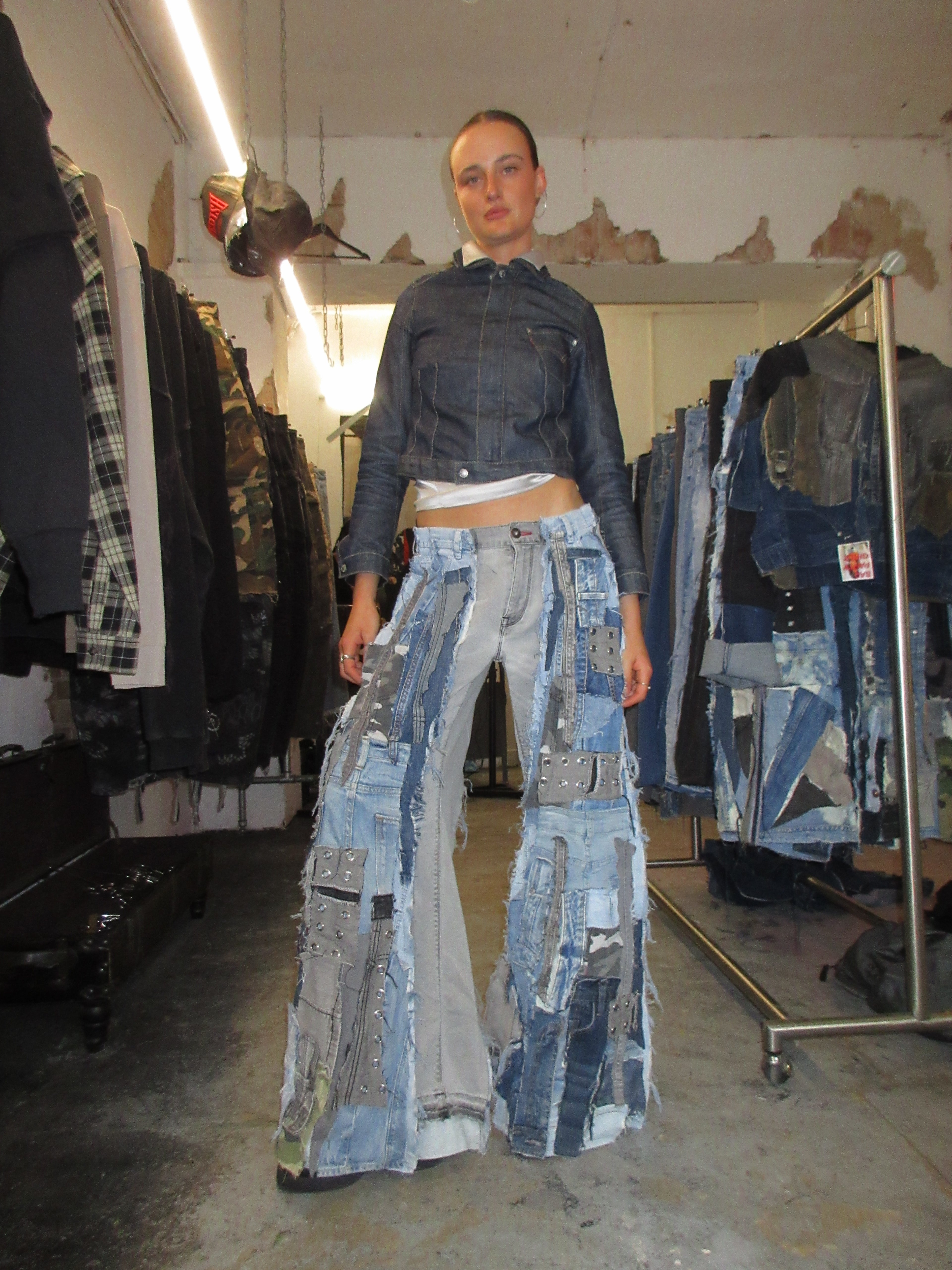 SCRAP-PATCHED LIGHT DENIM/GREY SPG PANTS