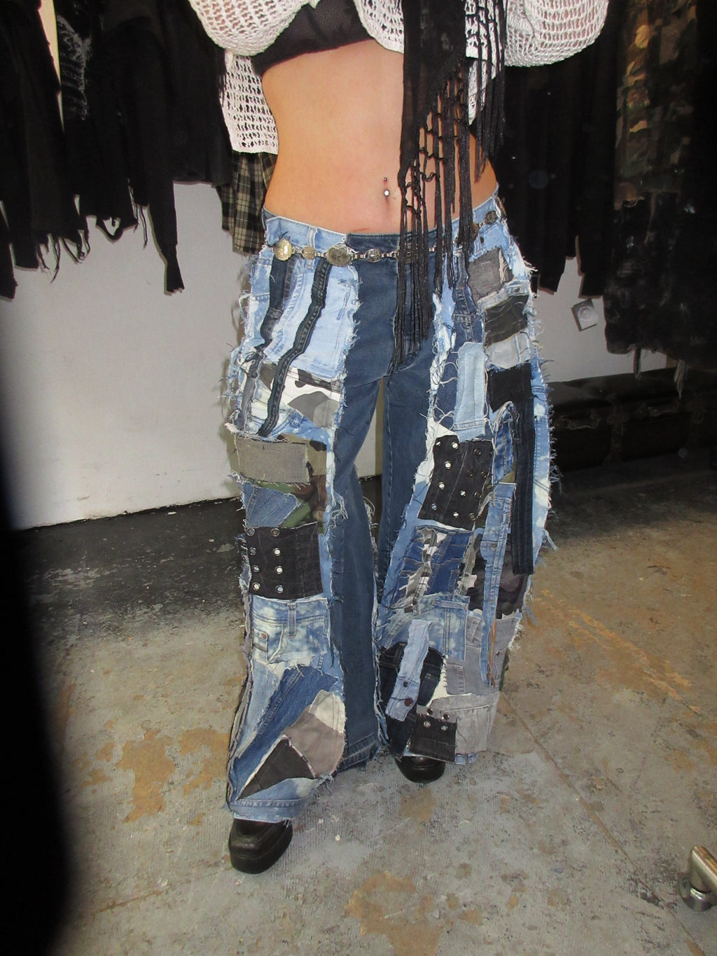 SCRAP-PATCHED DARK DENIM SPG PANTS
