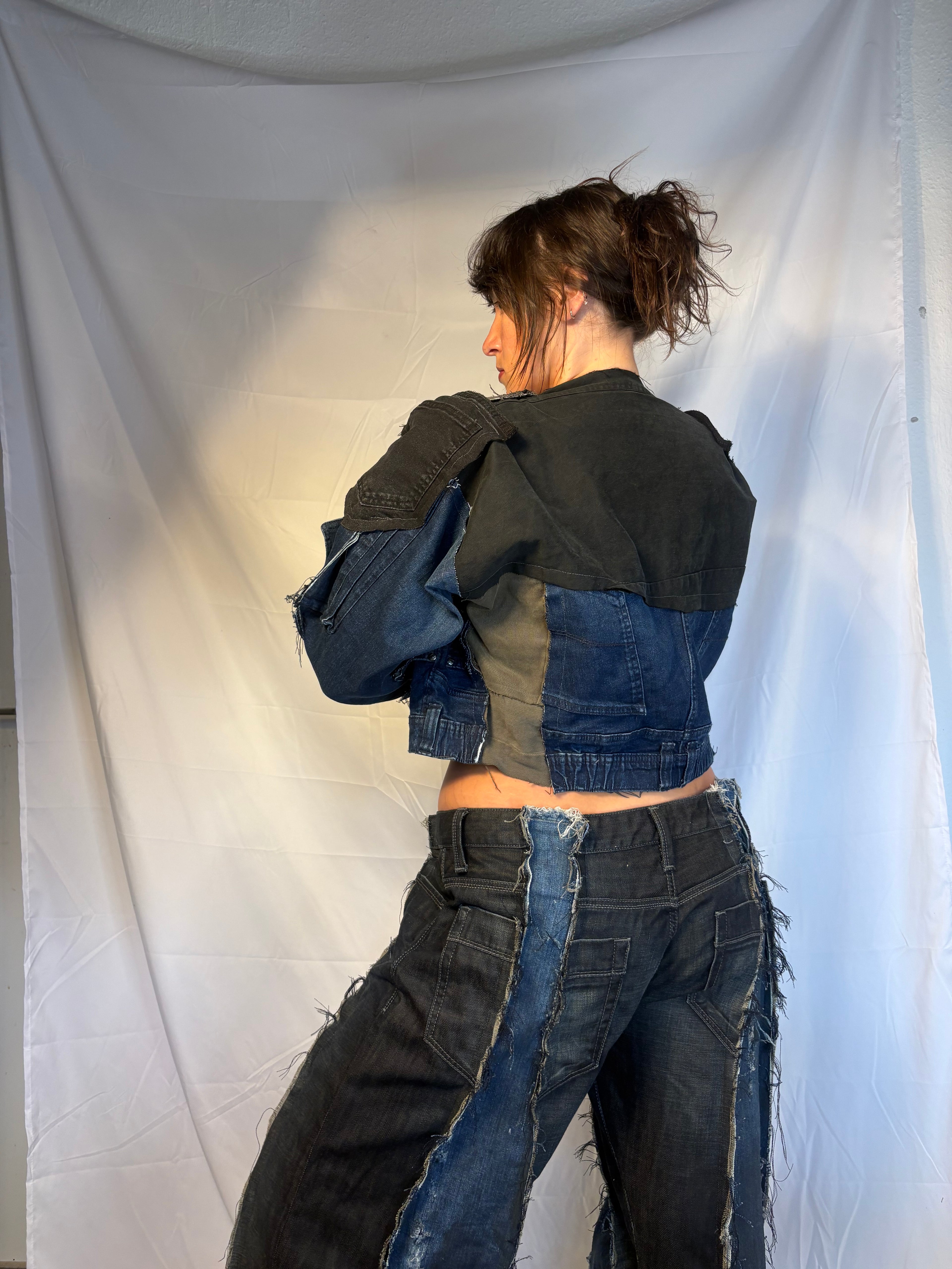 CROPPED BIKER DARK DENIM / BLACK SPG JACKET