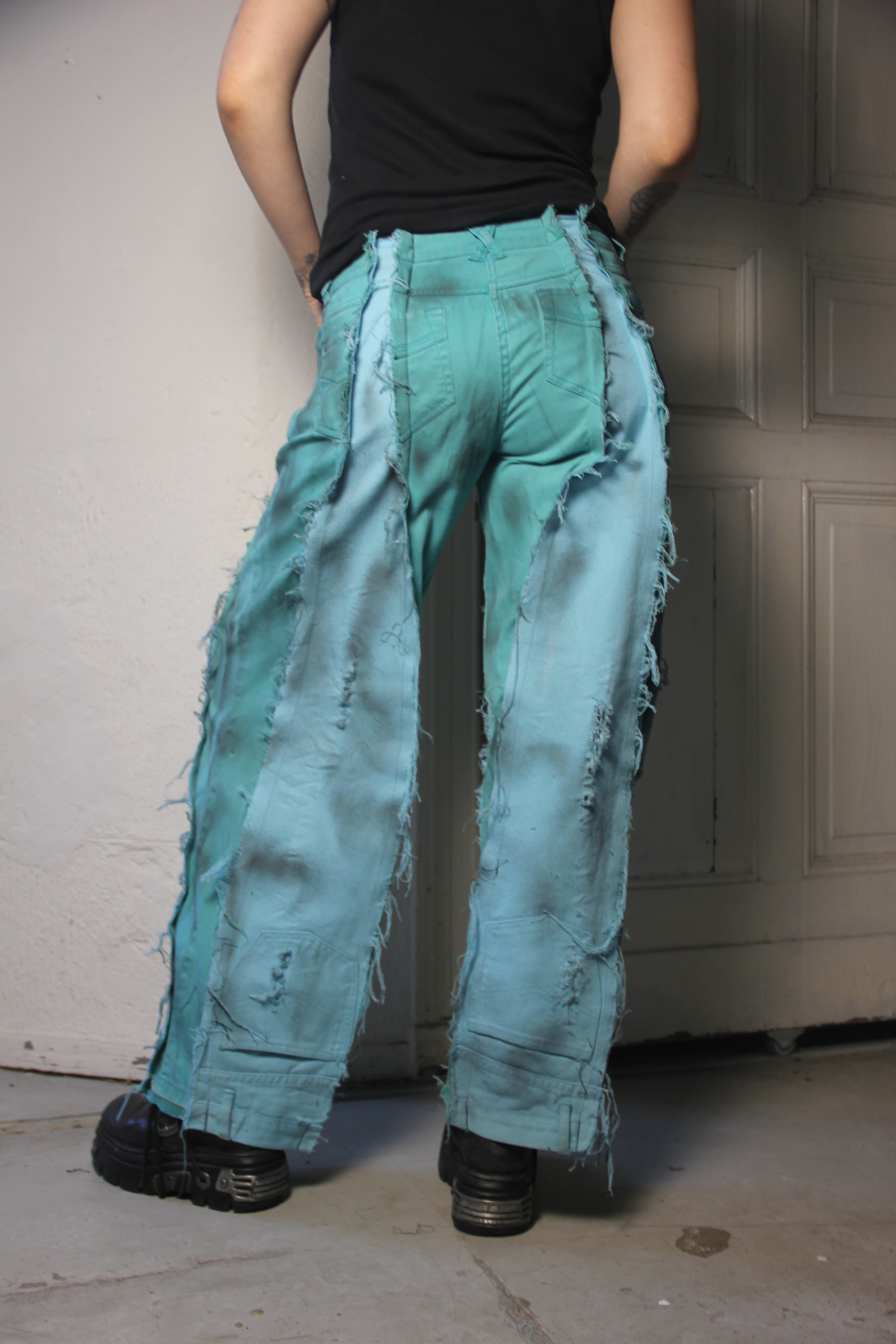 LIMITED EDITION STAINED TURQUOISE BLUE DENIM SPG PANTS
