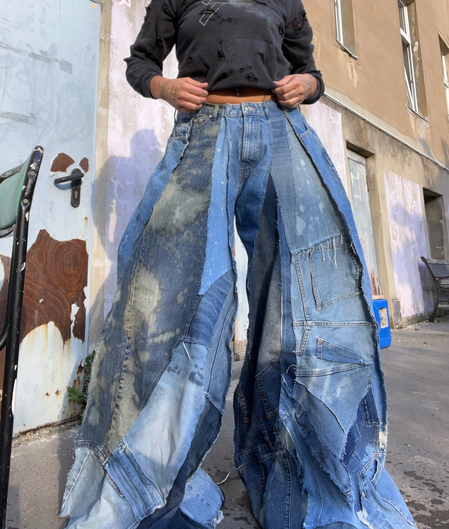 Extra Long Flared Patched Denim SPG Pants