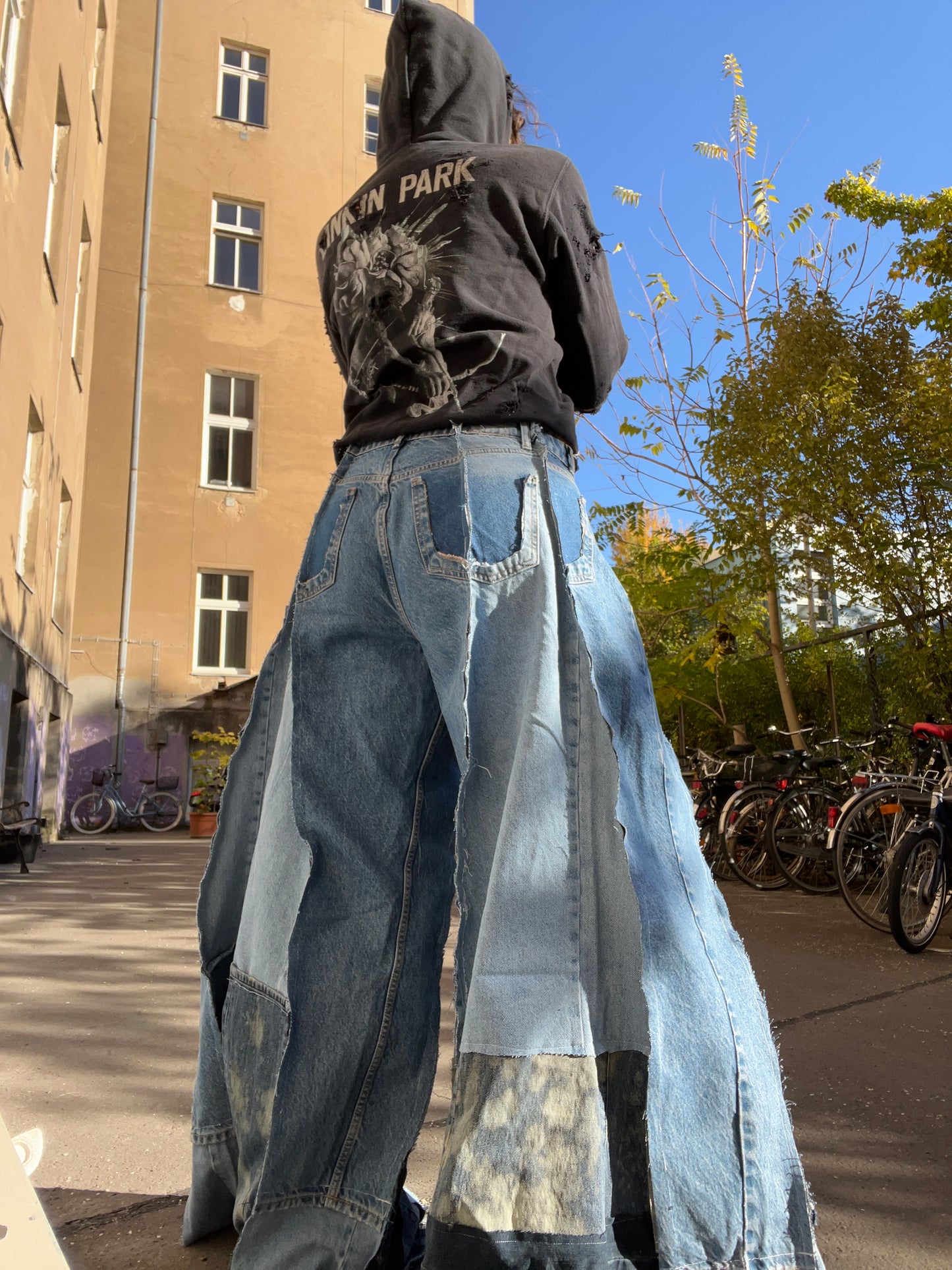 Extra Long Flared Patched Denim SPG Pants