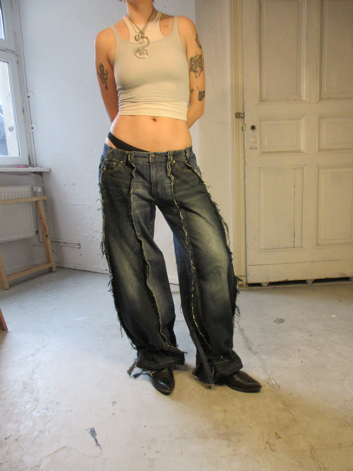 BAGGY TIE-IN DARK DENIM SPG PANTS