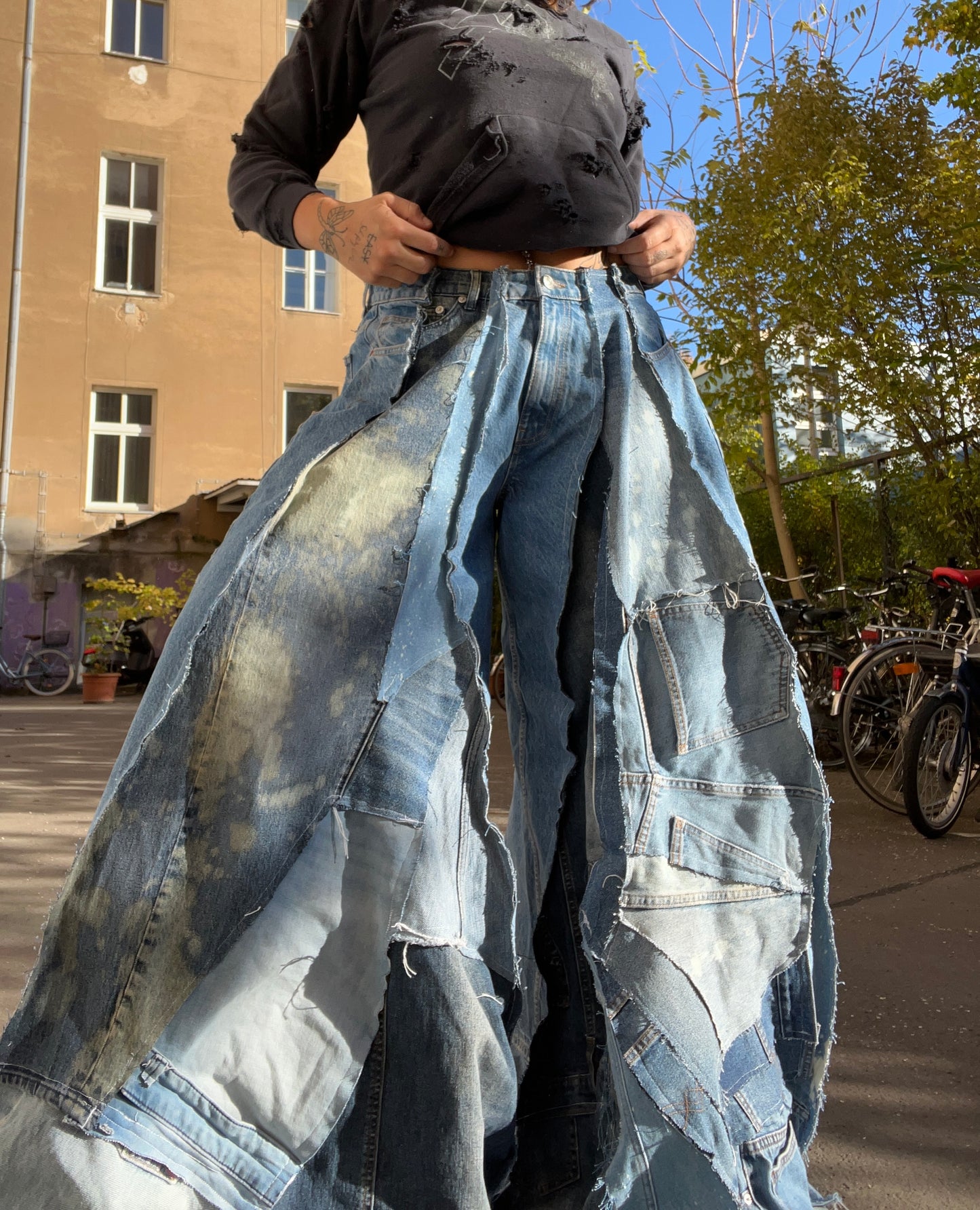 Extra Long Flared Patched Denim SPG Pants