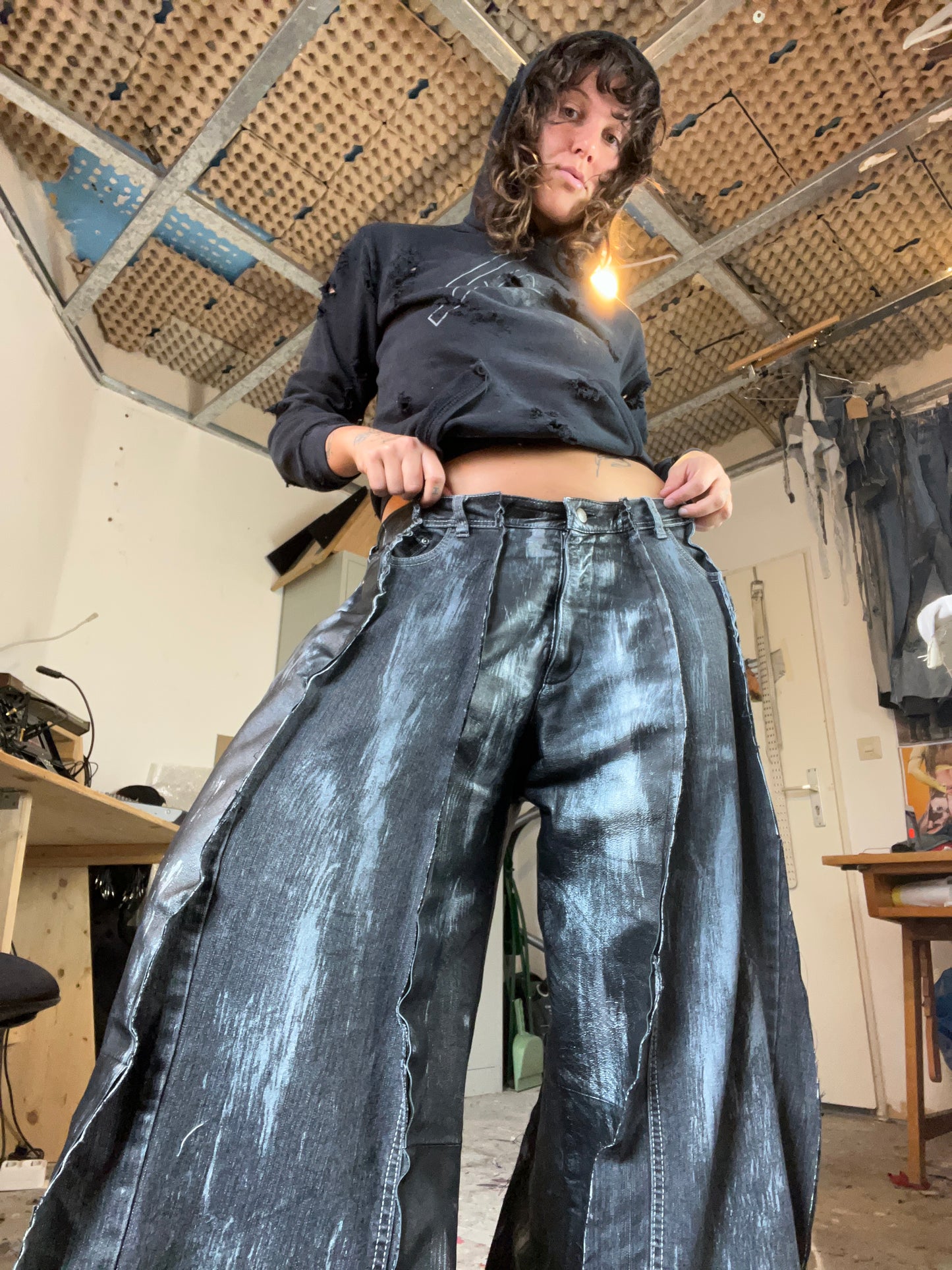 Baggy Black Leather/Denim Silver SPG Pants