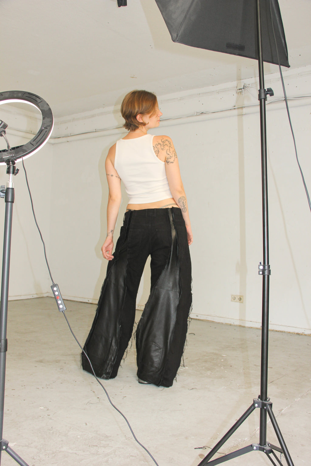 BAGGY BLACK LEATHER/DENIM SPG PANTS