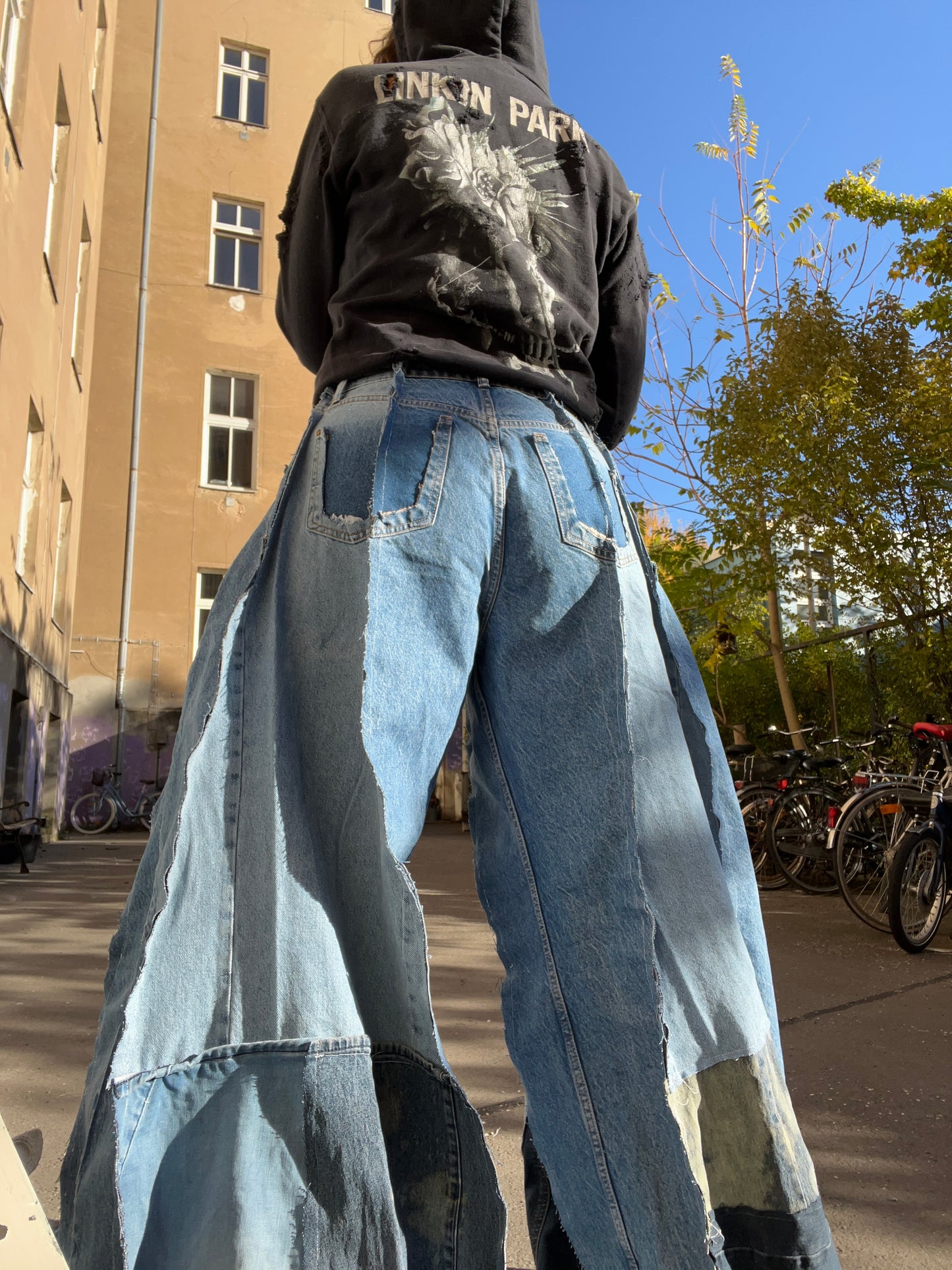 Extra Long Flared Patched Denim SPG Pants