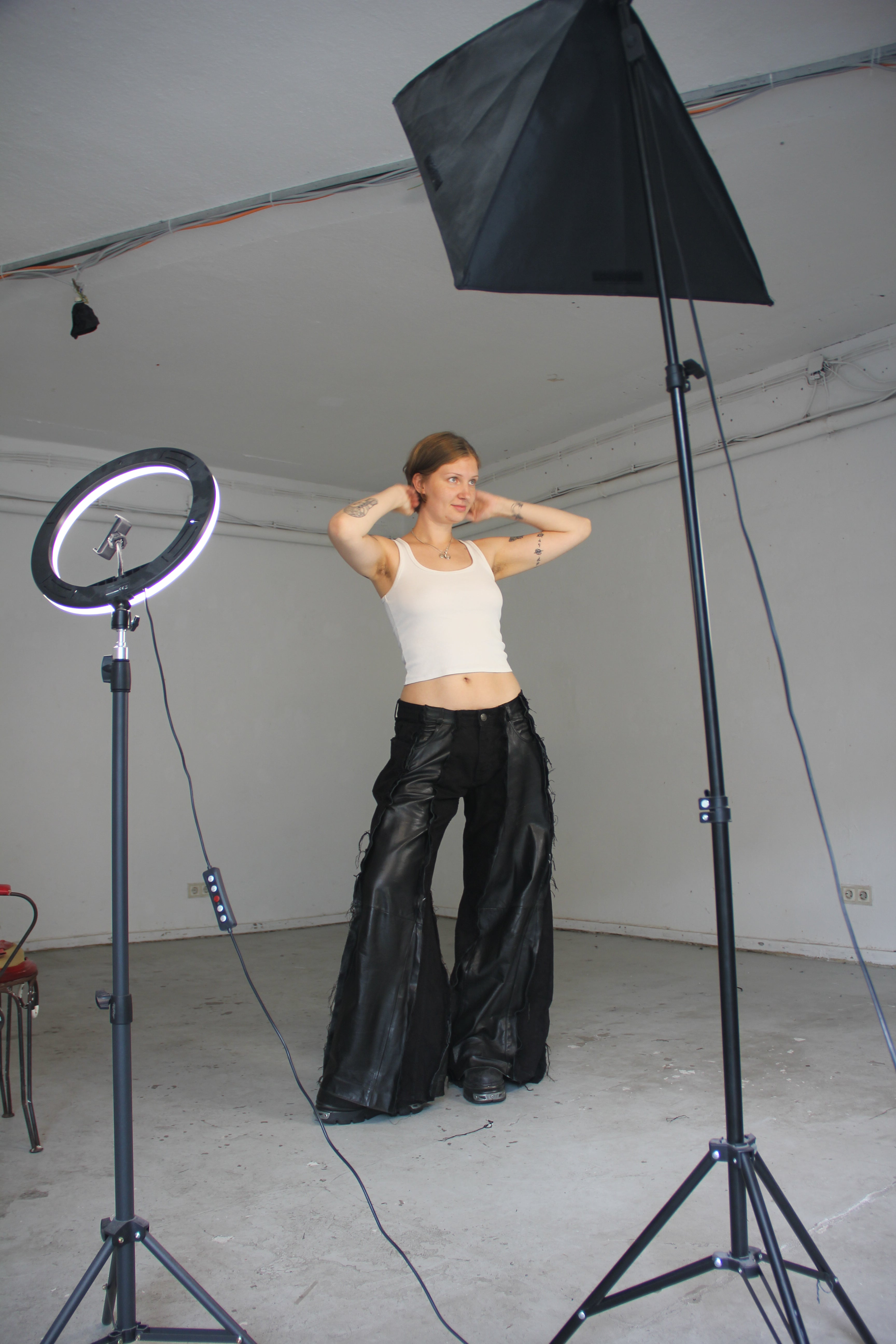 BAGGY BLACK LEATHER/DENIM SPG PANTS
