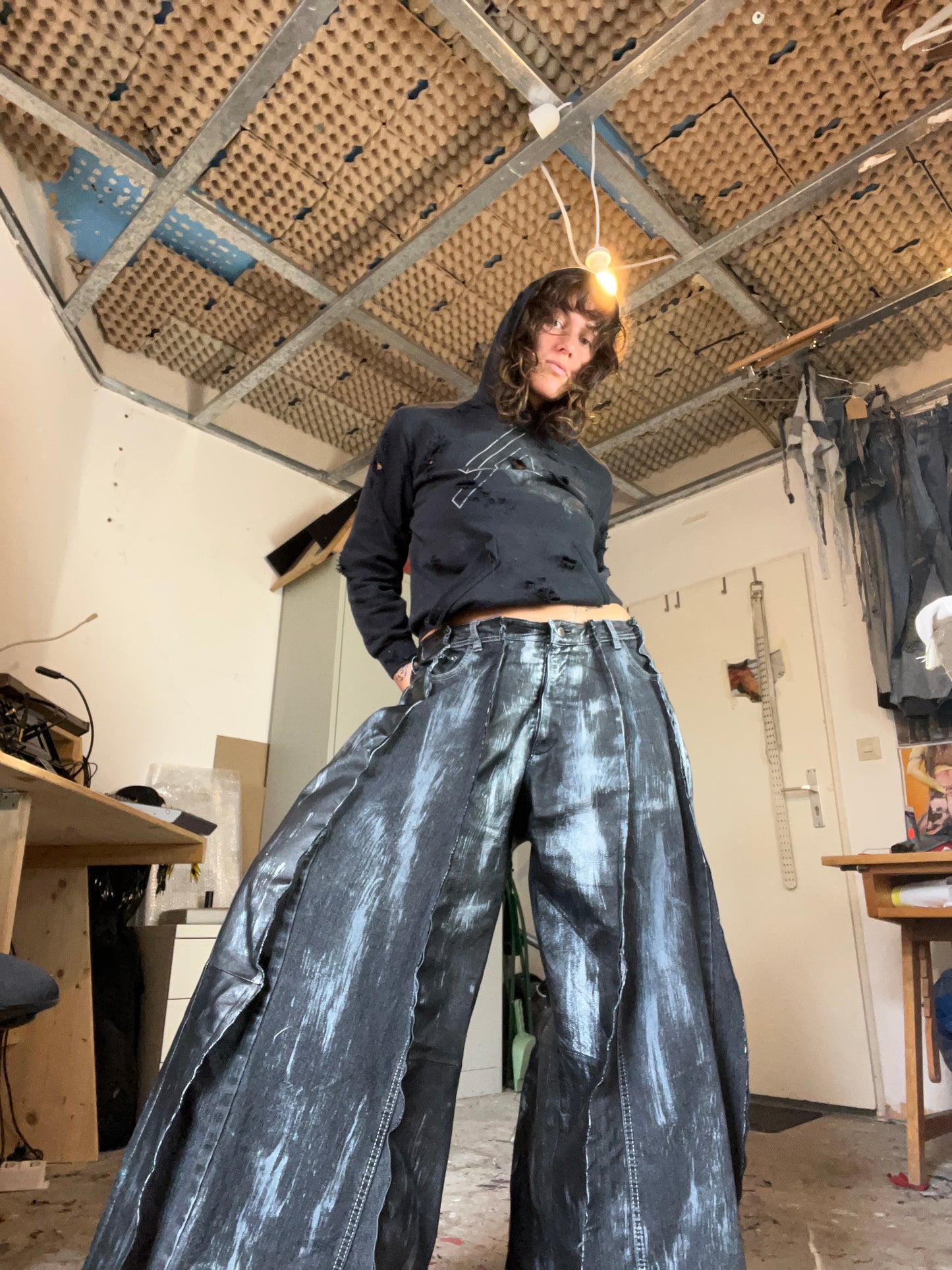 Baggy Black Leather/Denim Silver SPG Pants