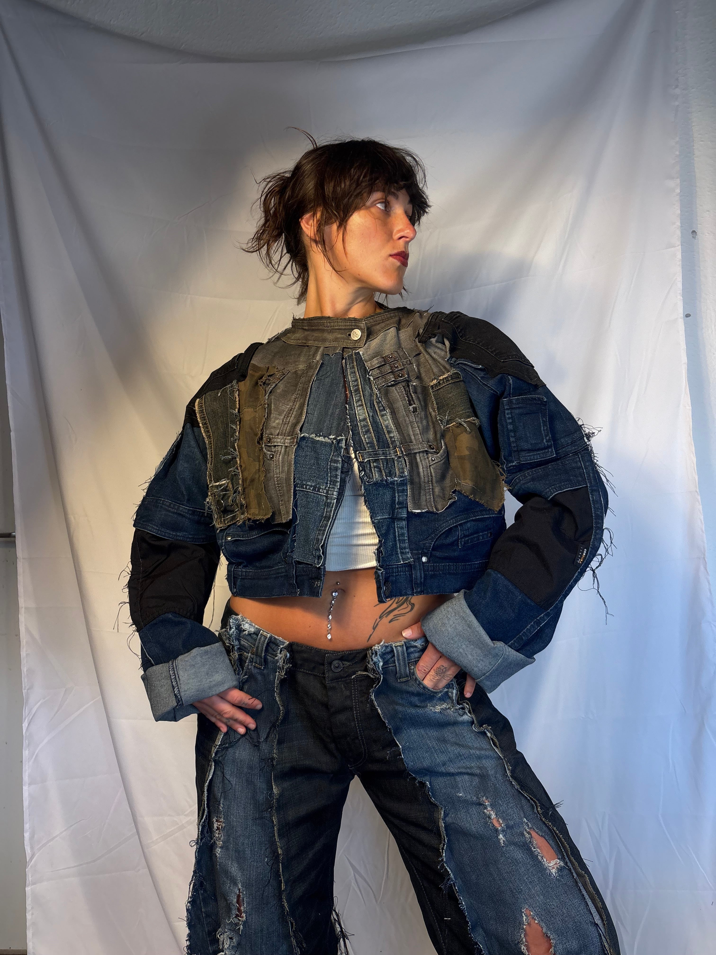 CROPPED BIKER DARK DENIM / BLACK SPG JACKET