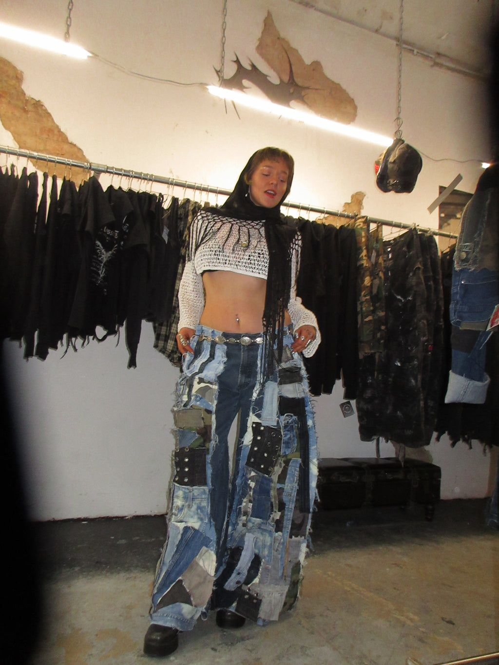 SCRAP-PATCHED DARK DENIM SPG PANTS