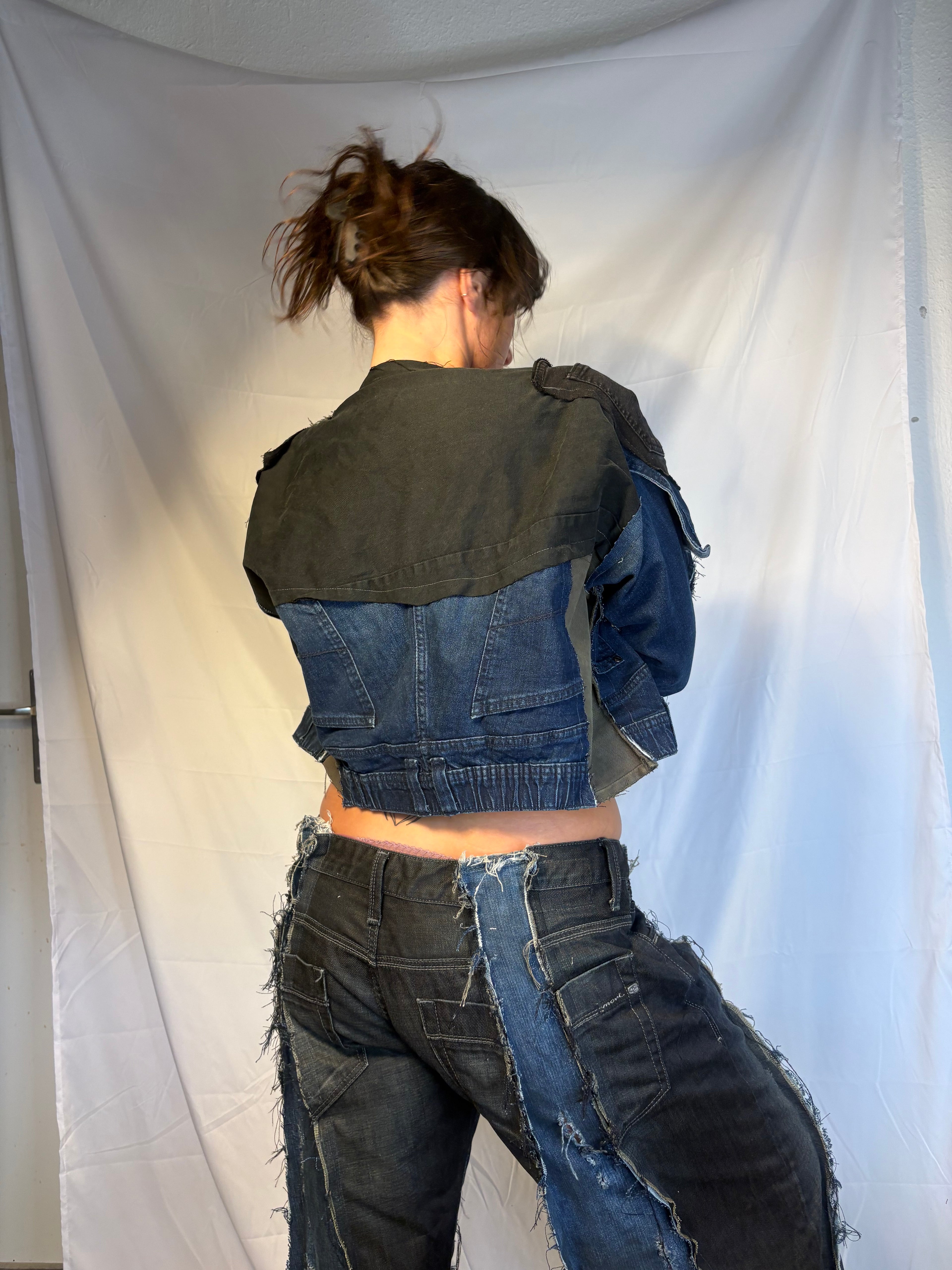 CROPPED BIKER DARK DENIM / BLACK SPG JACKET
